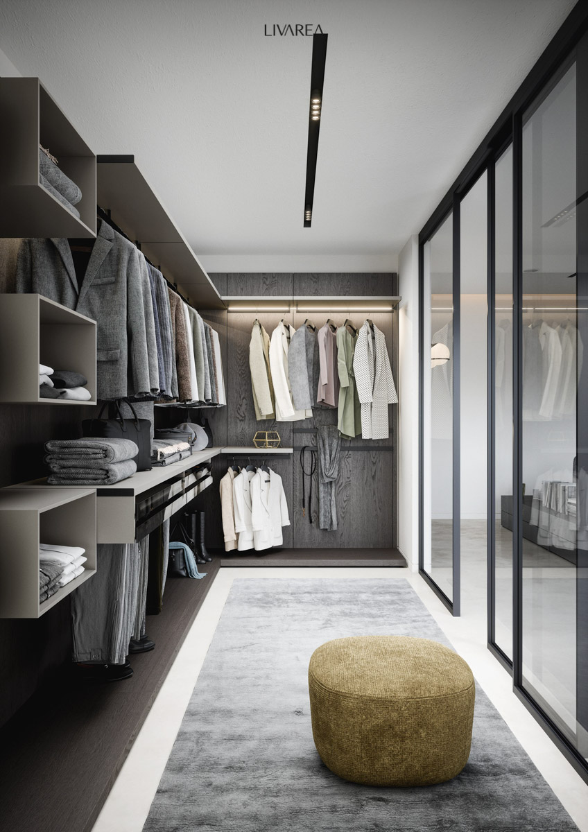 Airy wardrobe design for a dressing room separated by glass doors in dark oak wood with a clear grain finish Airy wardrobe design for a dressing room separated by glass doors in dark oak wood with a clear grain finish