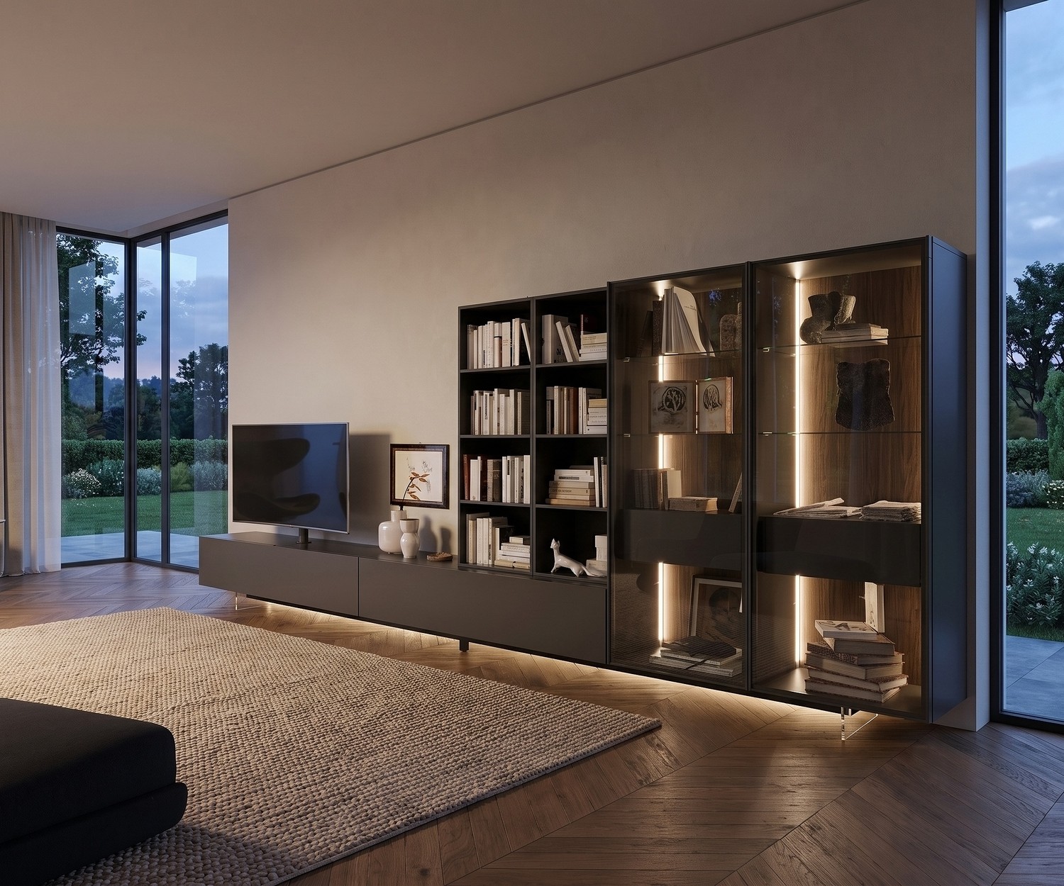 Livitalia Transparent TV Base Livitalia transparent TV base under dark lowboard in living room for a floating effect with LED lighting.
