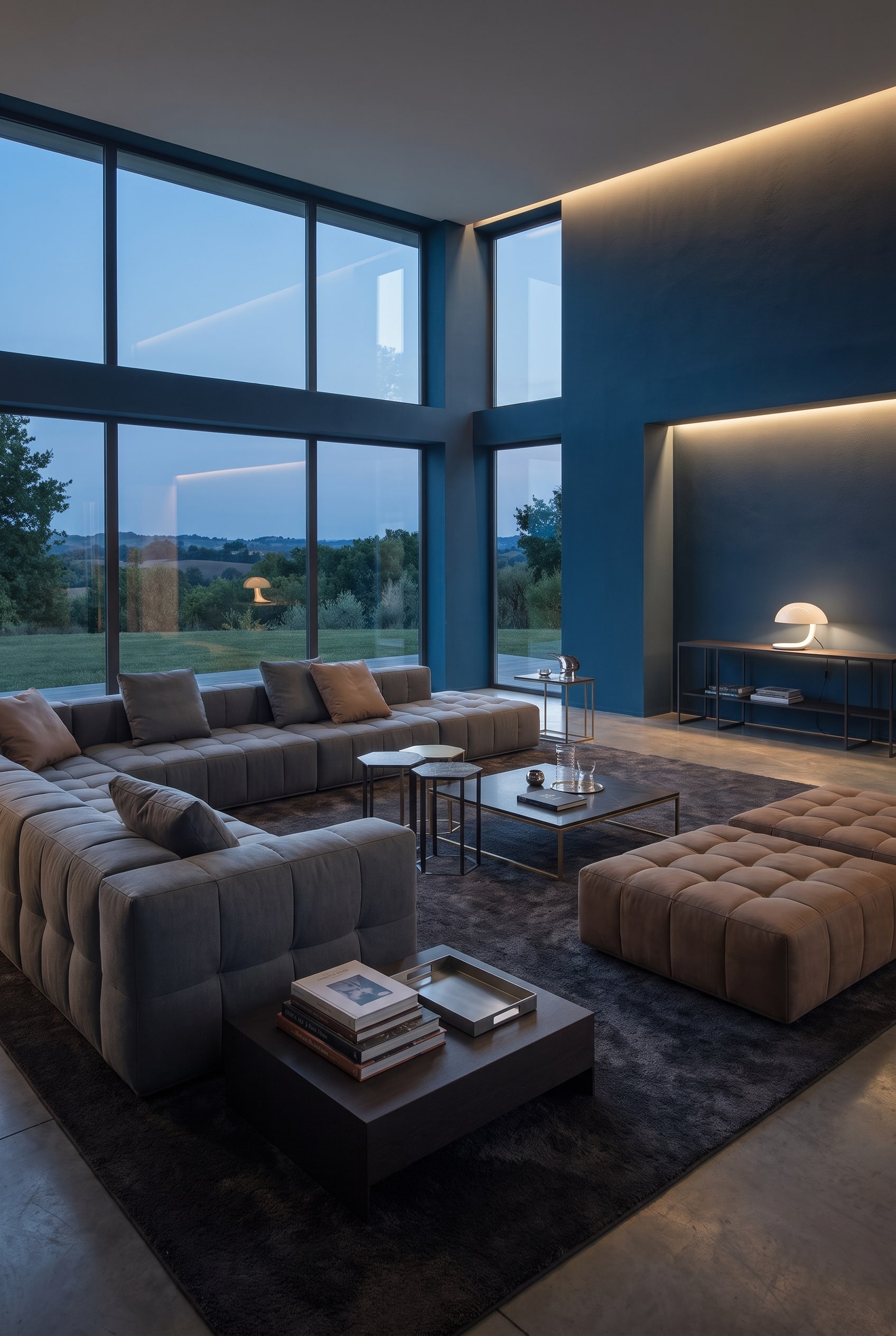 Wohnzimmer in Marineblau mit bodentiefen Fenstern und einem gro&szlig;formatigen, tiefen Loungesofa in Anthrazit