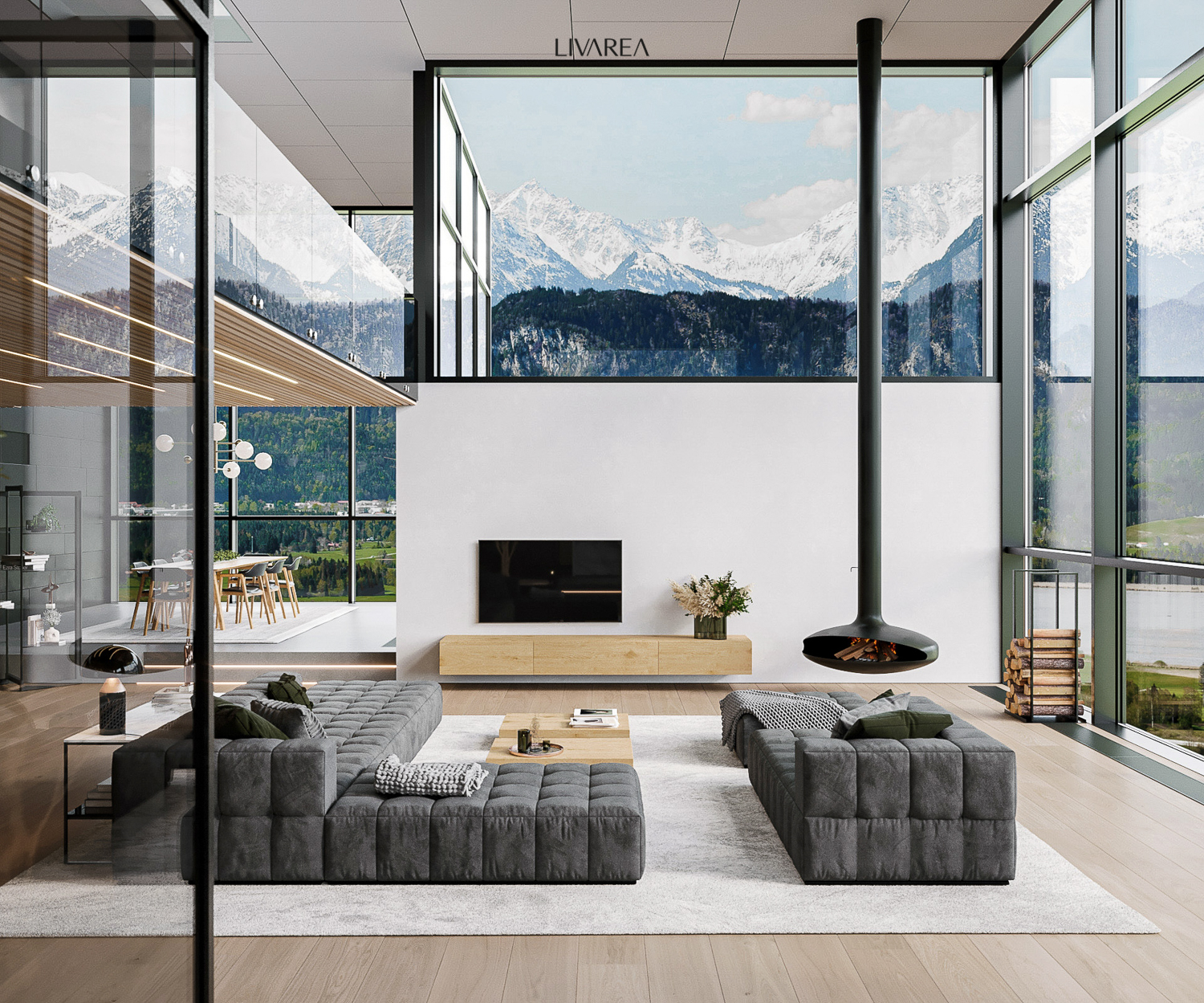 Luxus Villa mit offener Wohnlandschaft und offenem esszimmerbereich mit Esstisch Lowboard Big Sofa Konsole und Couchtischen