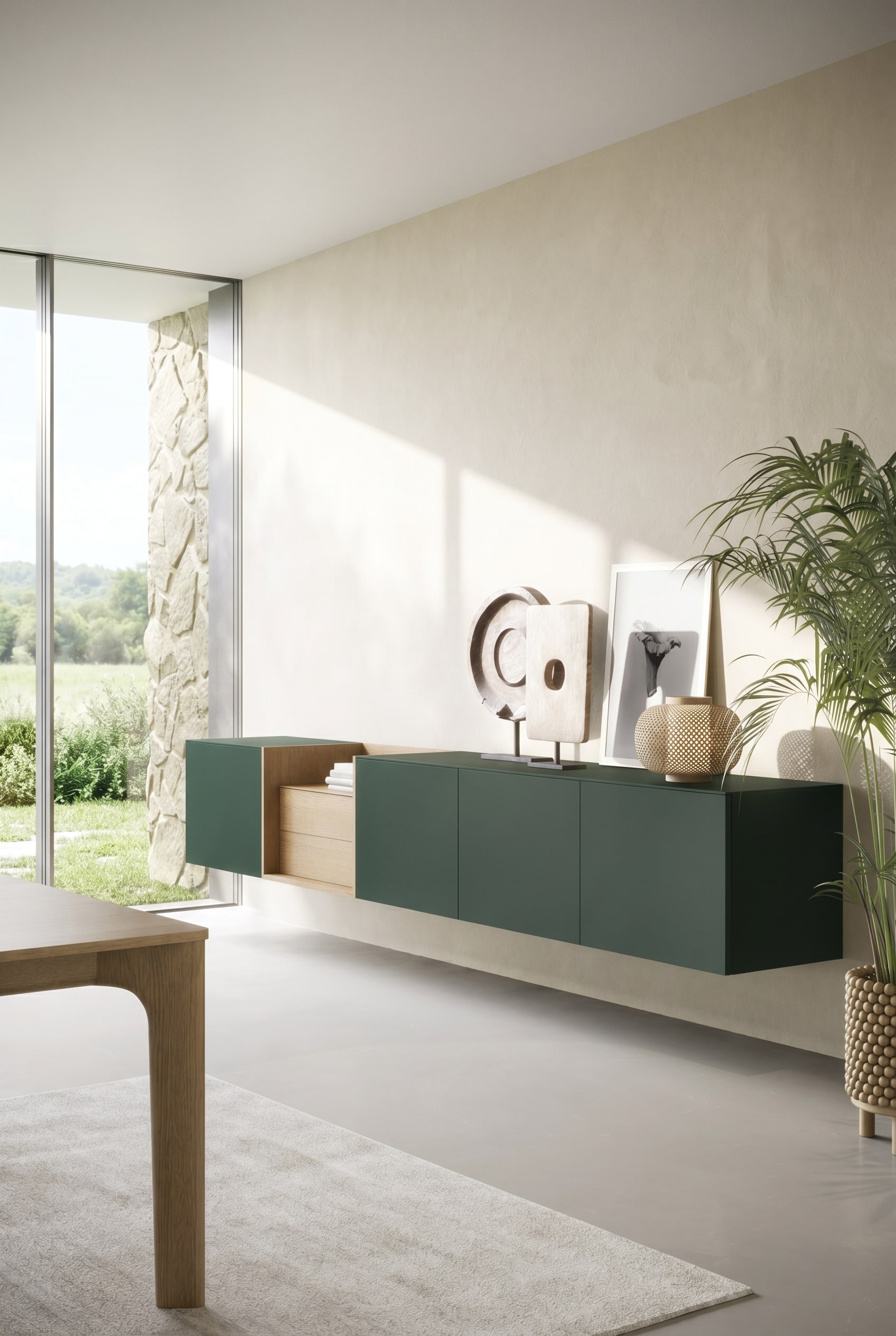 Gekleurd hangend dressoir als contrast op een lichte woonkamerwand.