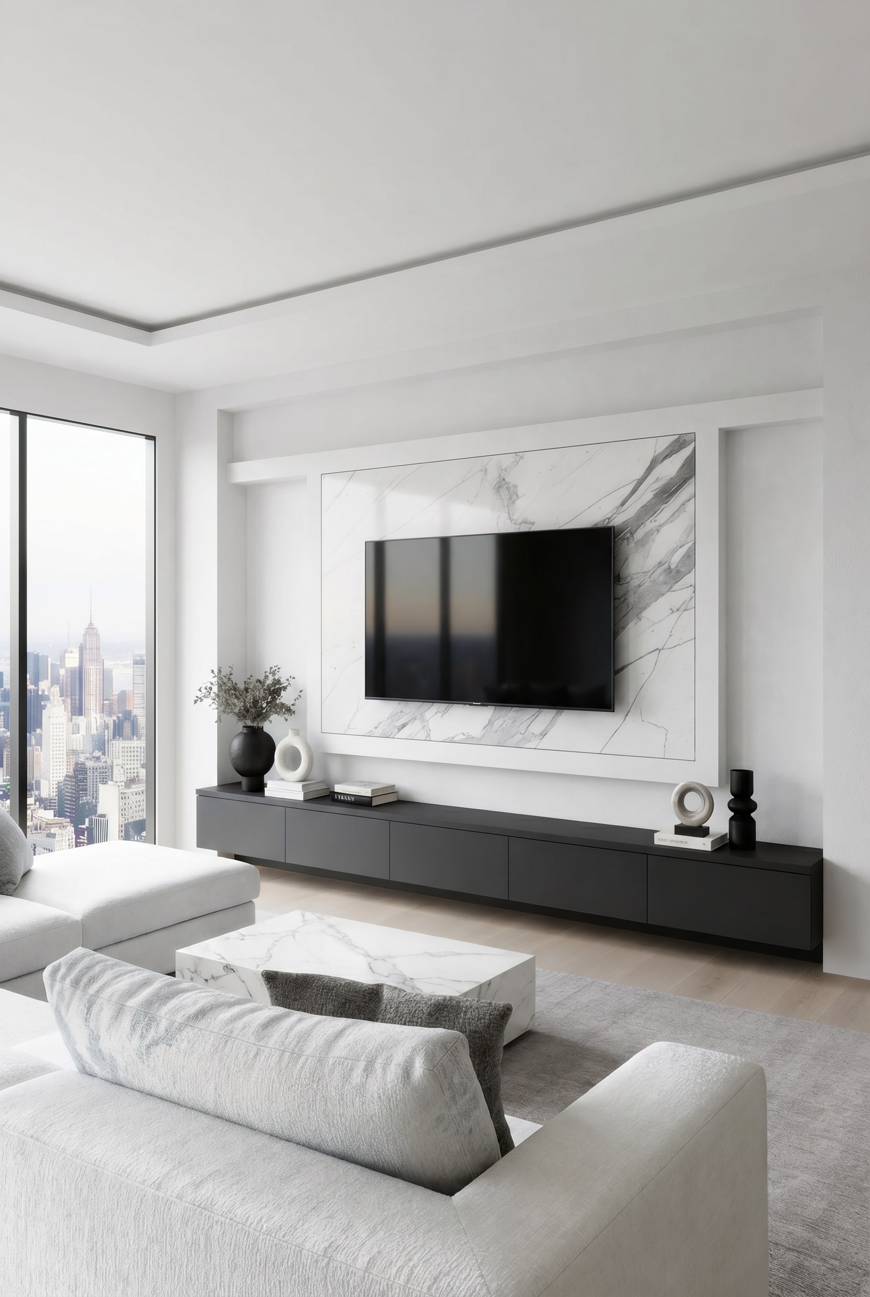 Architectonisch op maat gemaakte witte woonwand, perfect ge&iuml;ntegreerd in een woonkamernis