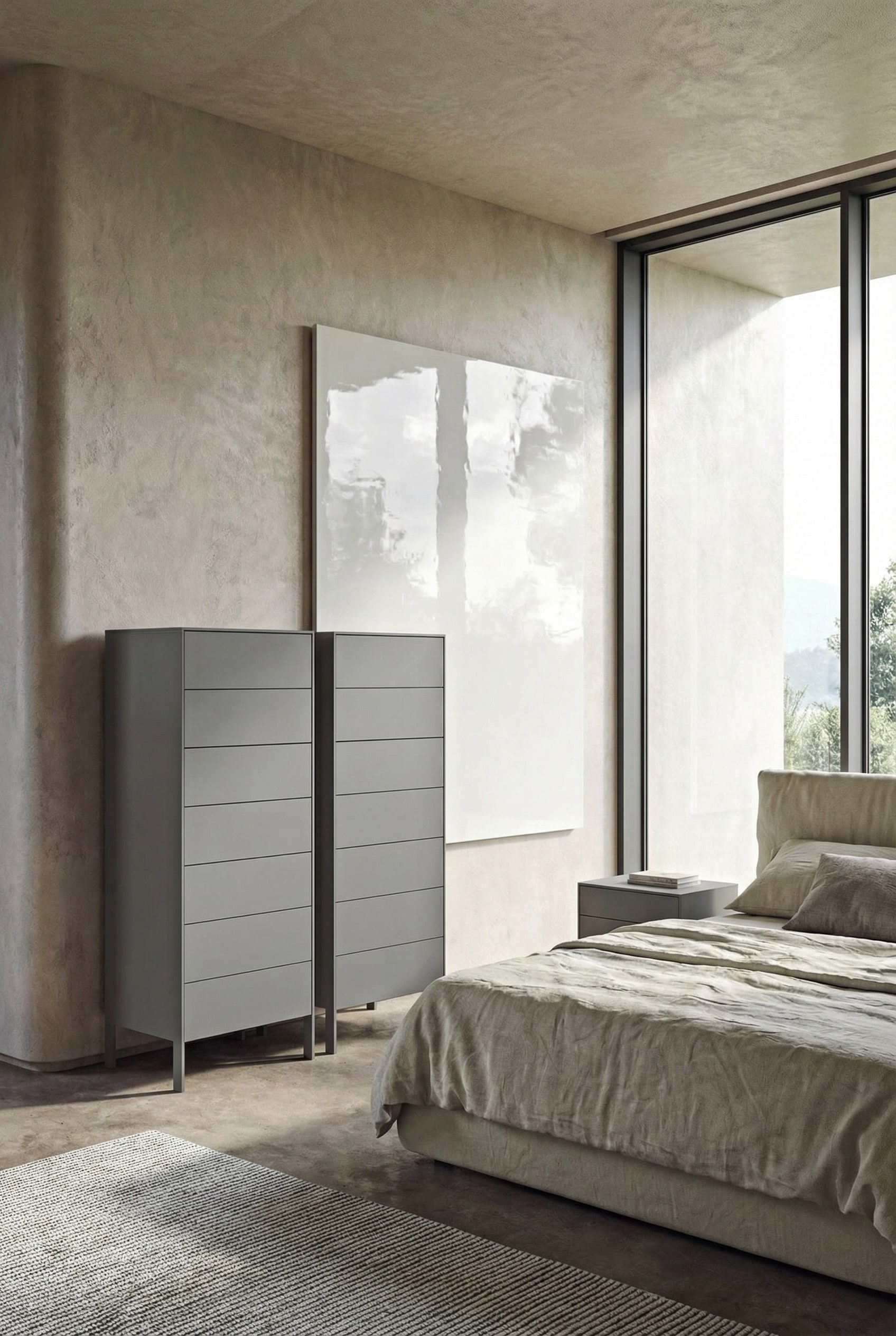 High-gloss designer tall chest of drawers in a modern bedroom with soft light reflection.