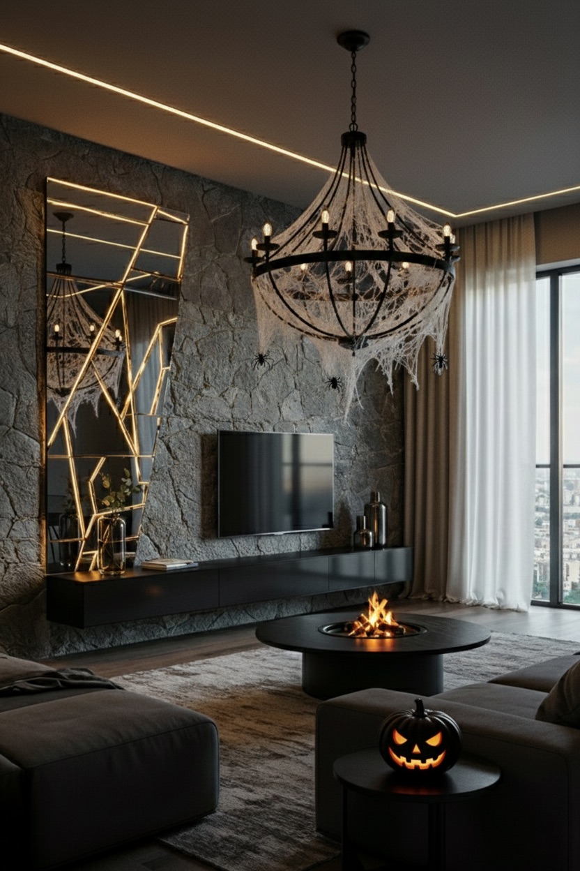 wohnzimmer-mit-kronleuchter-halloween-deko-luxurioes