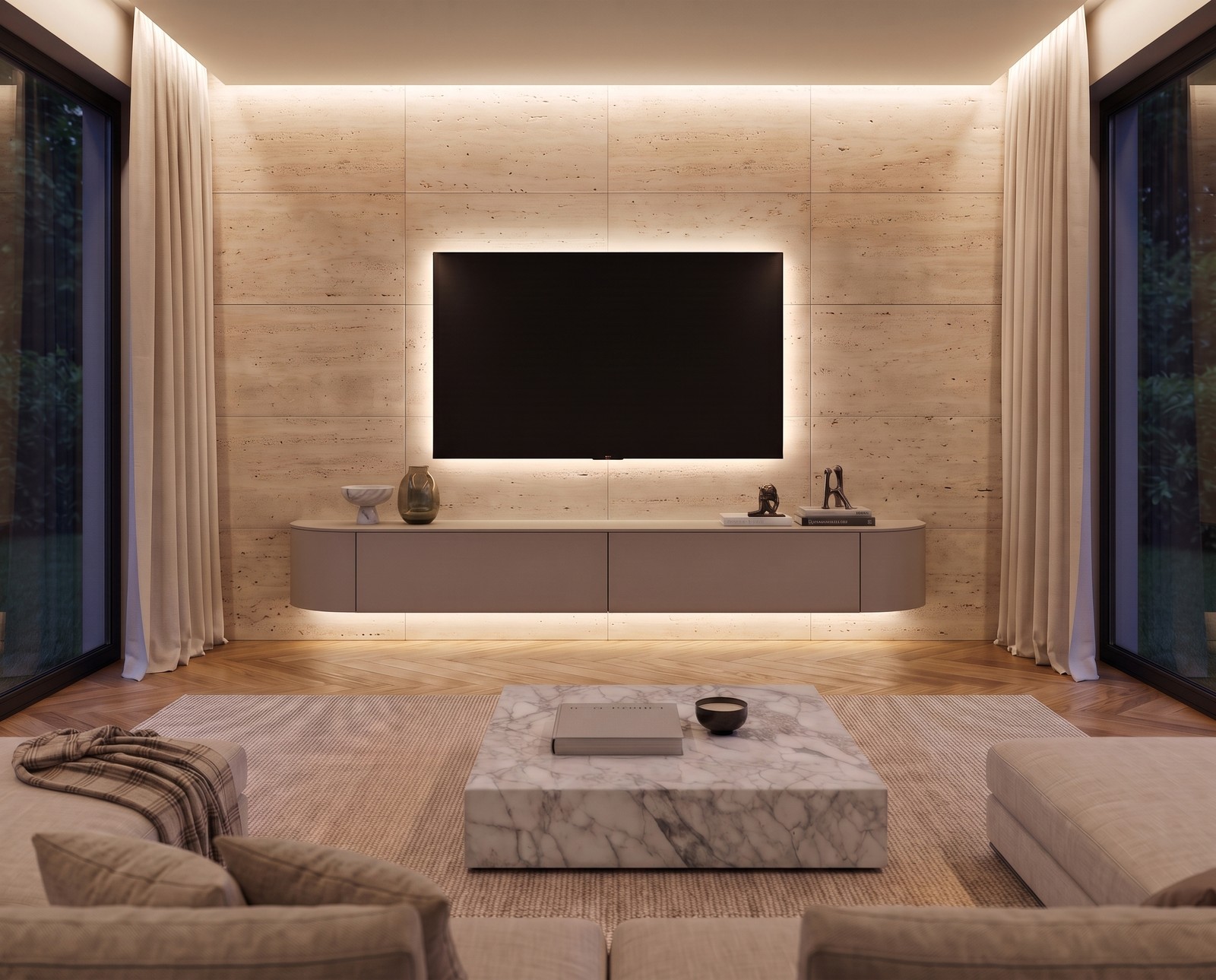 Novamobili Tondora lowboard in matt sand, W 240 cm, wall-mounted in a living room
