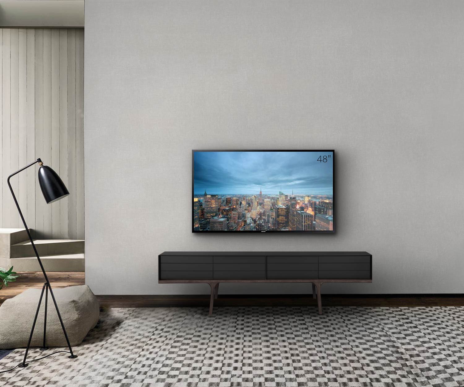 Designer TV Design Lowboard von al2 im Wohnzimmer mit Fernseher