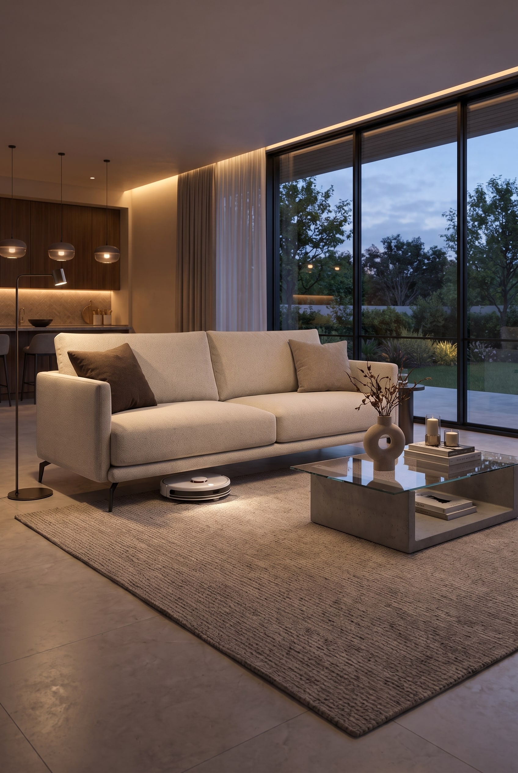 Moderne woonkamer met de Livitalia bank Lisbora en robotstofzuiger