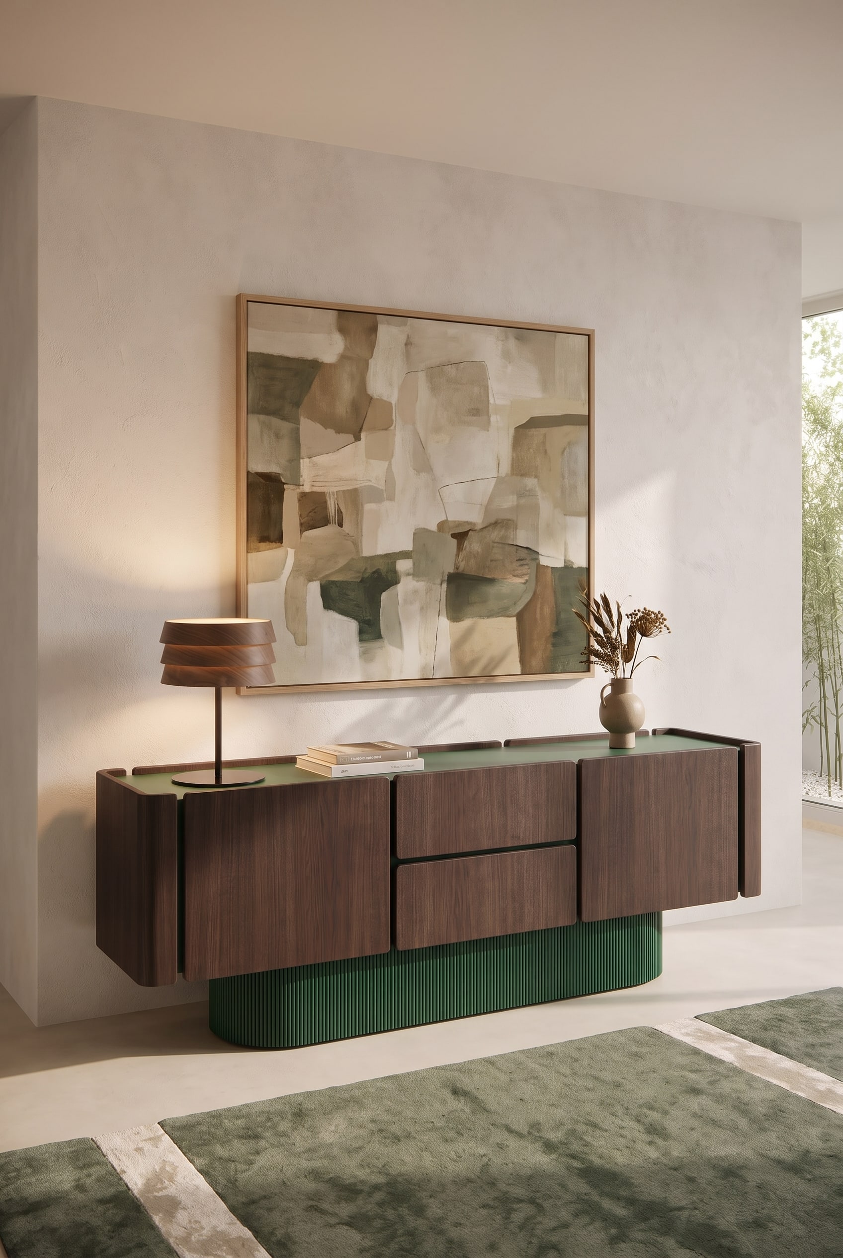 Living area with the Punt Dune Sideboard, combining large, serene oak wood fronts and matte details