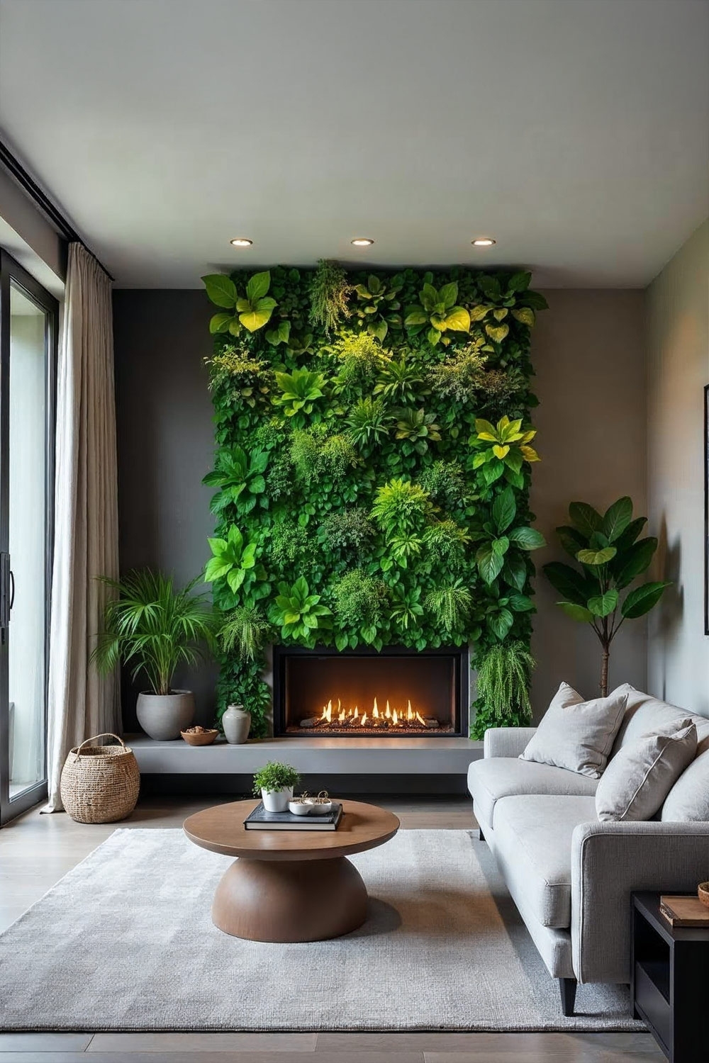 gemuetliches-wohnzimmer-im-franzoesischen-landhausstil-mit-grauem-sofa-markantem-holztisch-und-gruener-dschungelwand