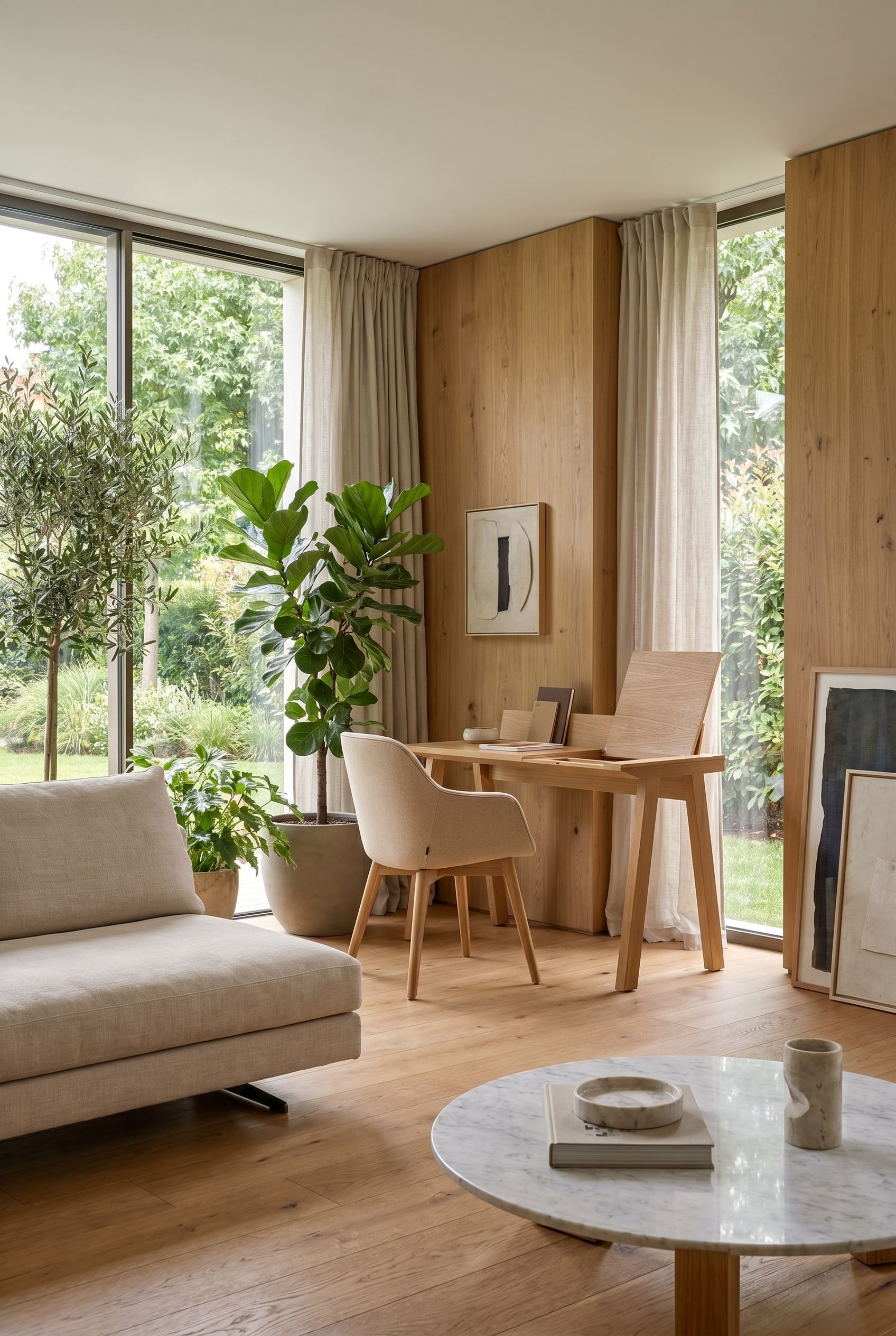 Helles Wohnzimmer mit geschlossenem Walnuss Sekret&auml;r und beigem Stuhl