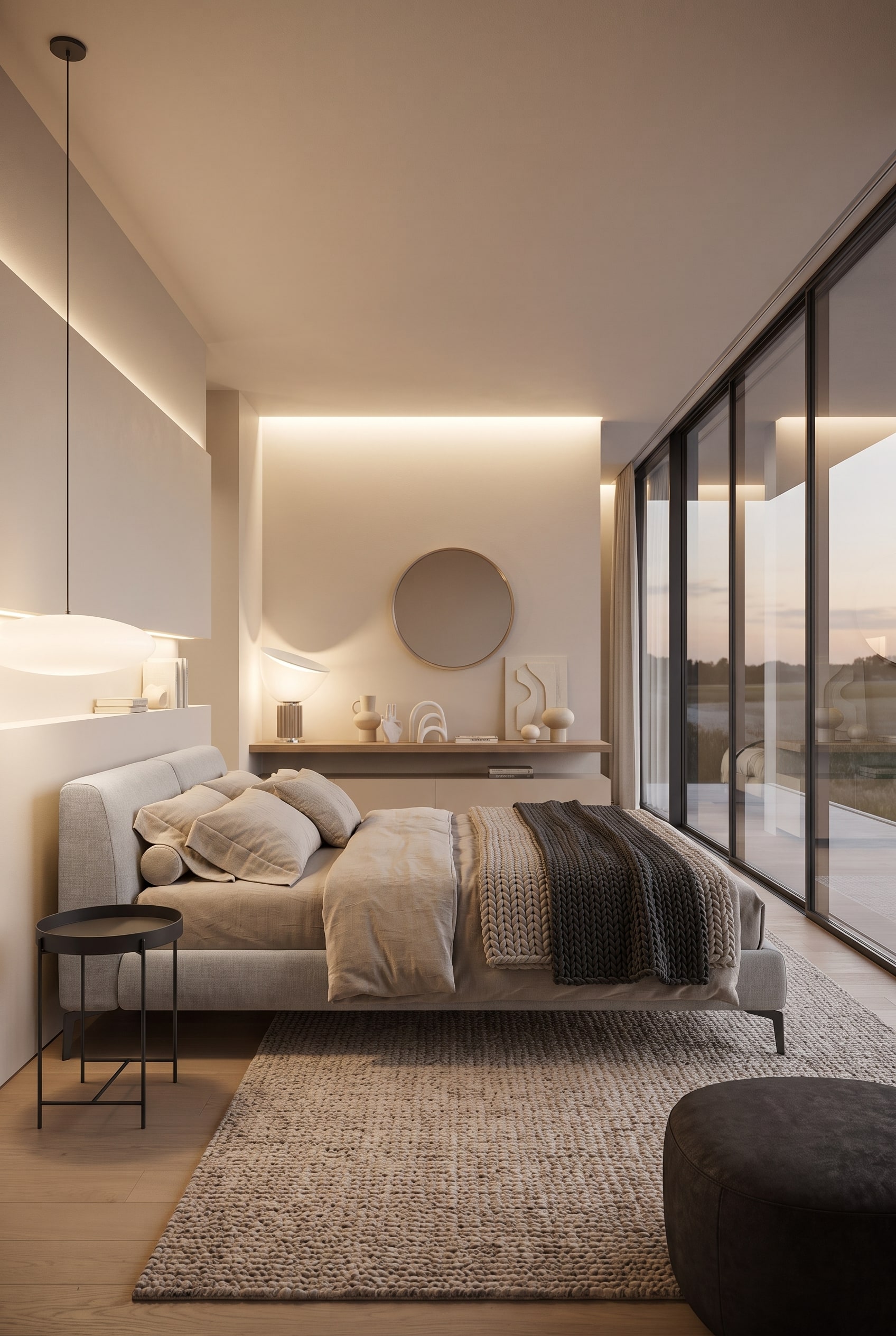 A monochrome bedroom in light beige tones with the elegant Novamobili Margot upholstered bed and multi-layered, calming textiles.