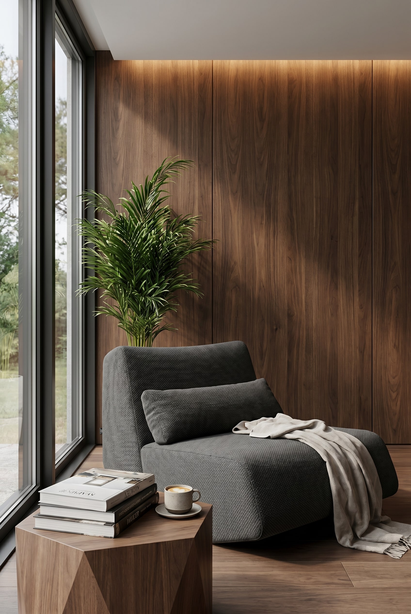 Gezellige leeshoek in de woonkamer met donkere houten panelen en een donkergrijze vloeiend gevormde loungefauteuil
