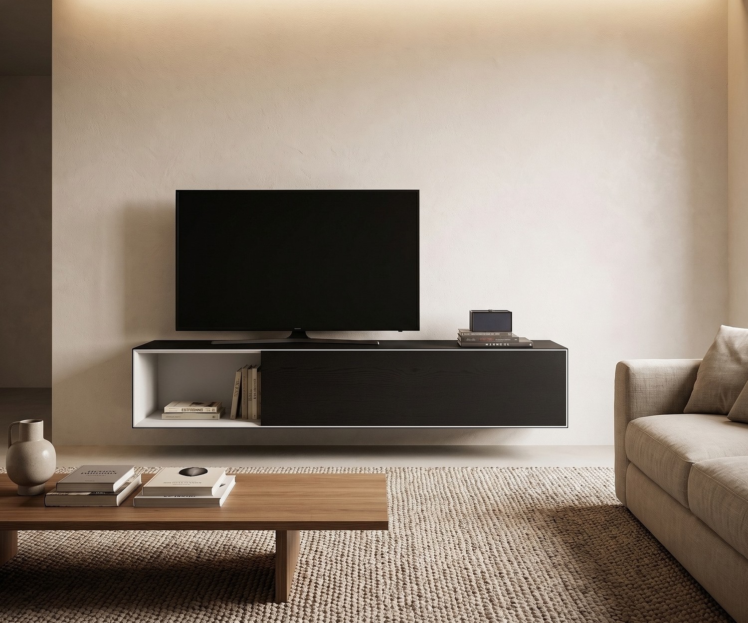 Livitalia Minimal Lowboard hängend mit offenem Fach Livitalia Minimal Lowboard hängend im Wohnzimmer: Schwarzer TV-Unterschrank aus Holz mit offenem Fach und Klapptür.