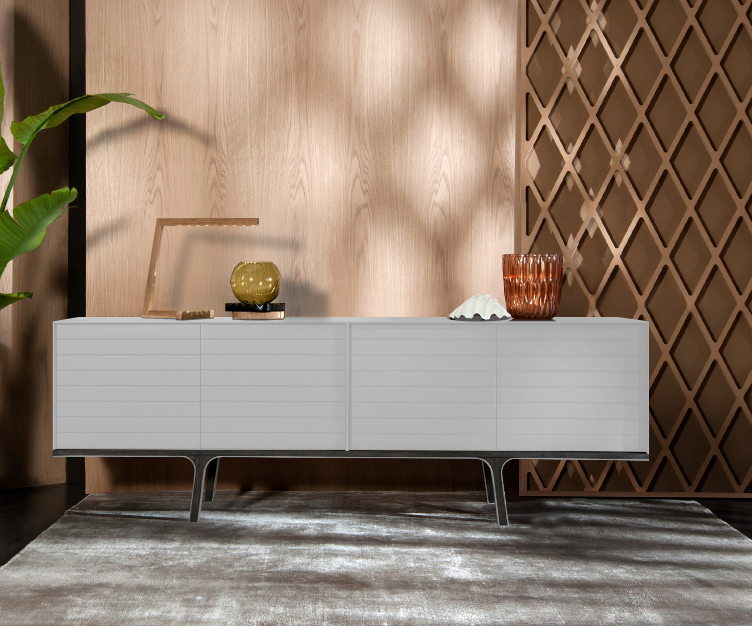 Hochwertiges al2 Mobius 002 Design Sideboard mit vier matt lackierten Türen in Weiß Matt Hochwertiges al2 Mobius 002 Design Sideboard mit vier matt lackierten Türen in Weiß Matt