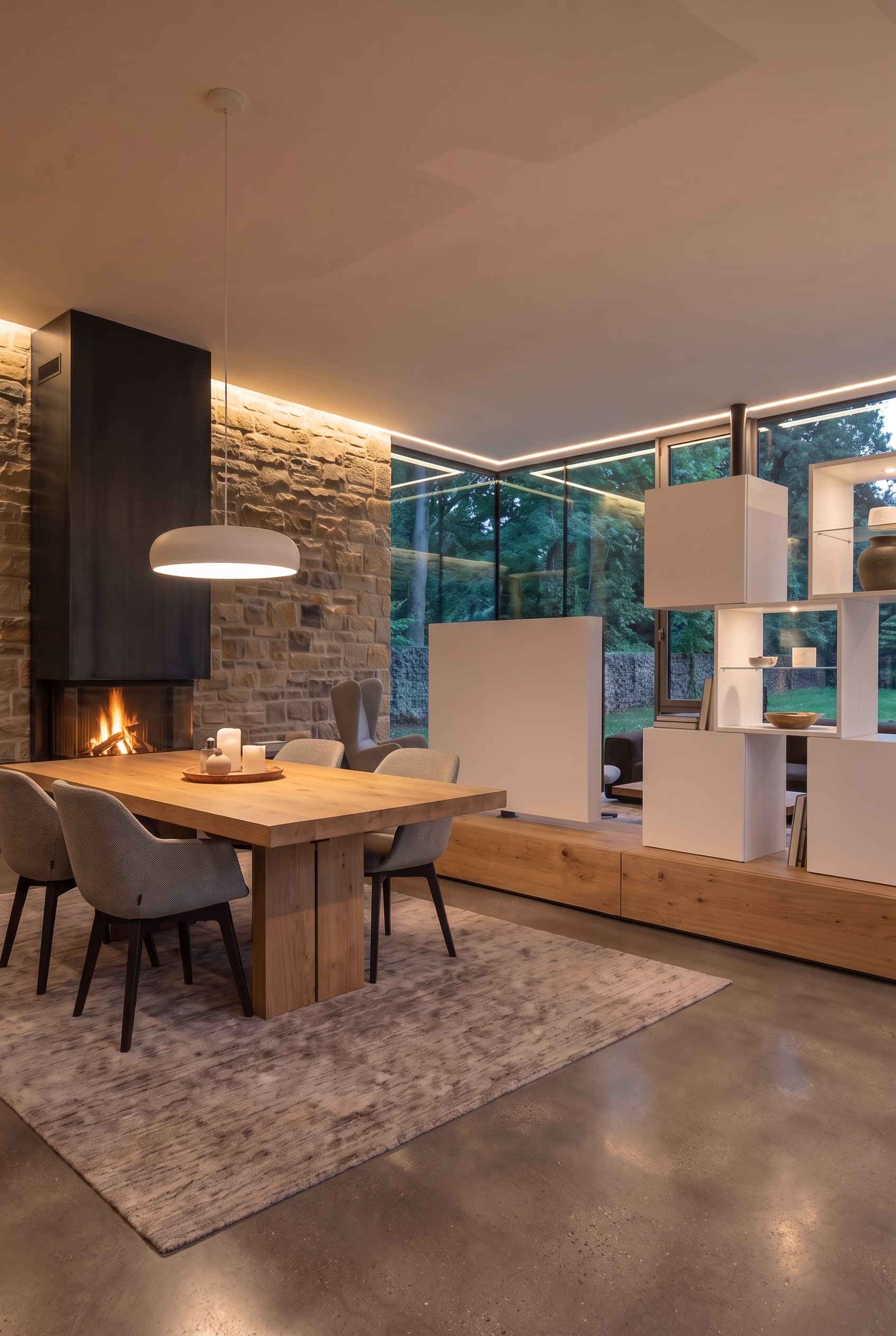 Witte achterzijde van een puristische ruimteverdeler scheidt de woonkamer elegant van een eethoek met moderne houten tafel.