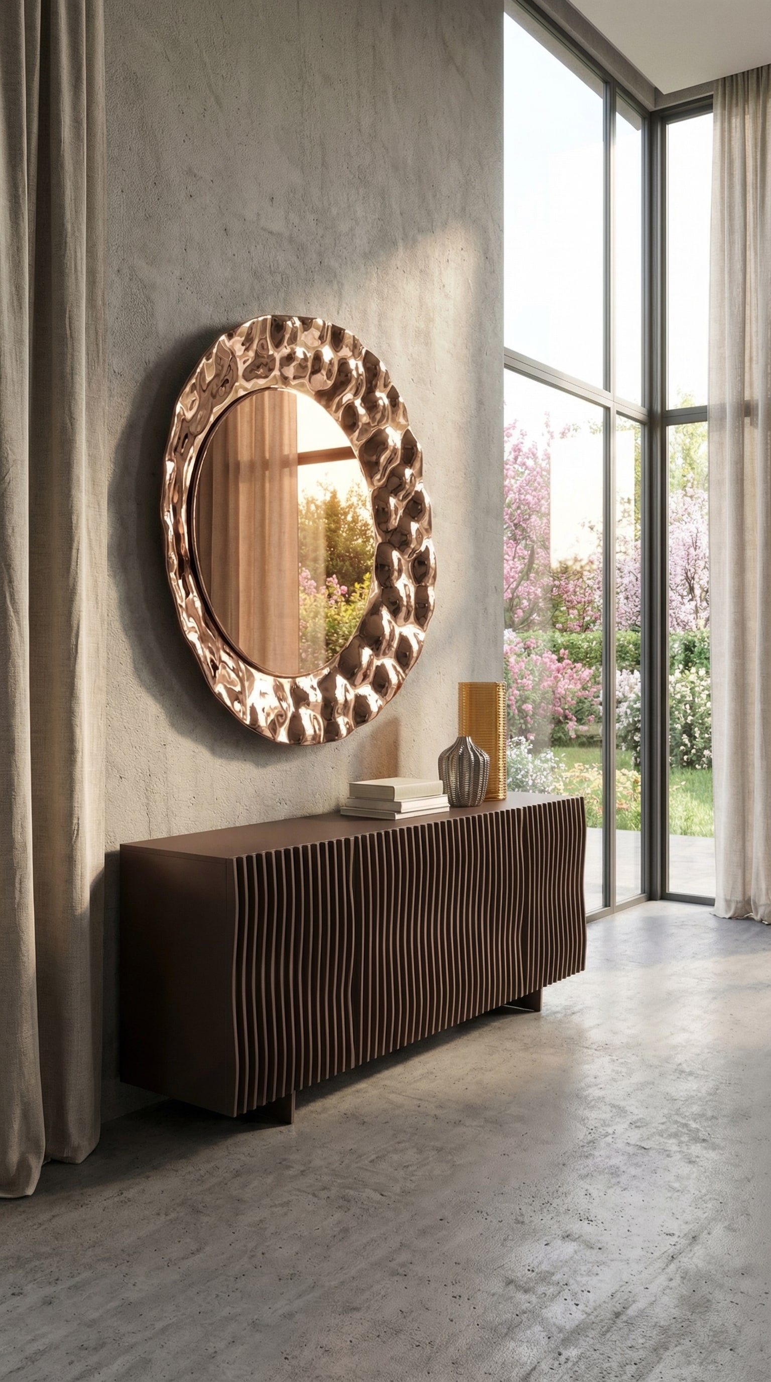 Wohnzimmer mit einem braunen Sideboard, dessen Front aus organischen Wellen besteht, im warmen Fr&uuml;hlingslicht.