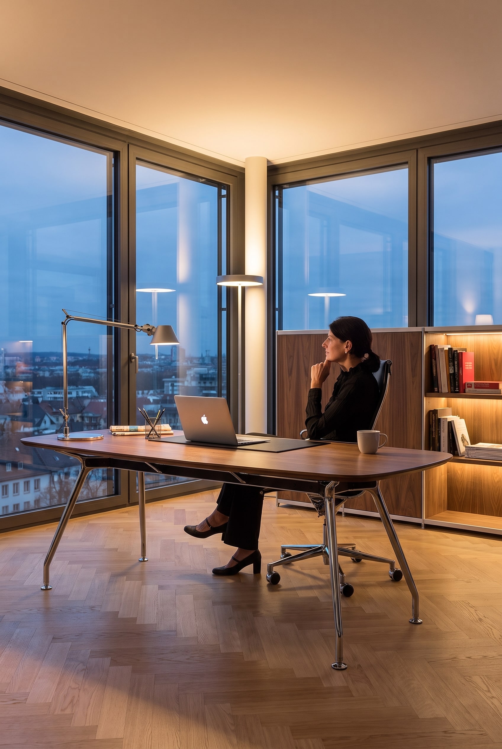 De ICF Una Chair Management bureaustoel met aluminium onderstel aan een elegant houten bureau in het stijlvolle thuiskantoor