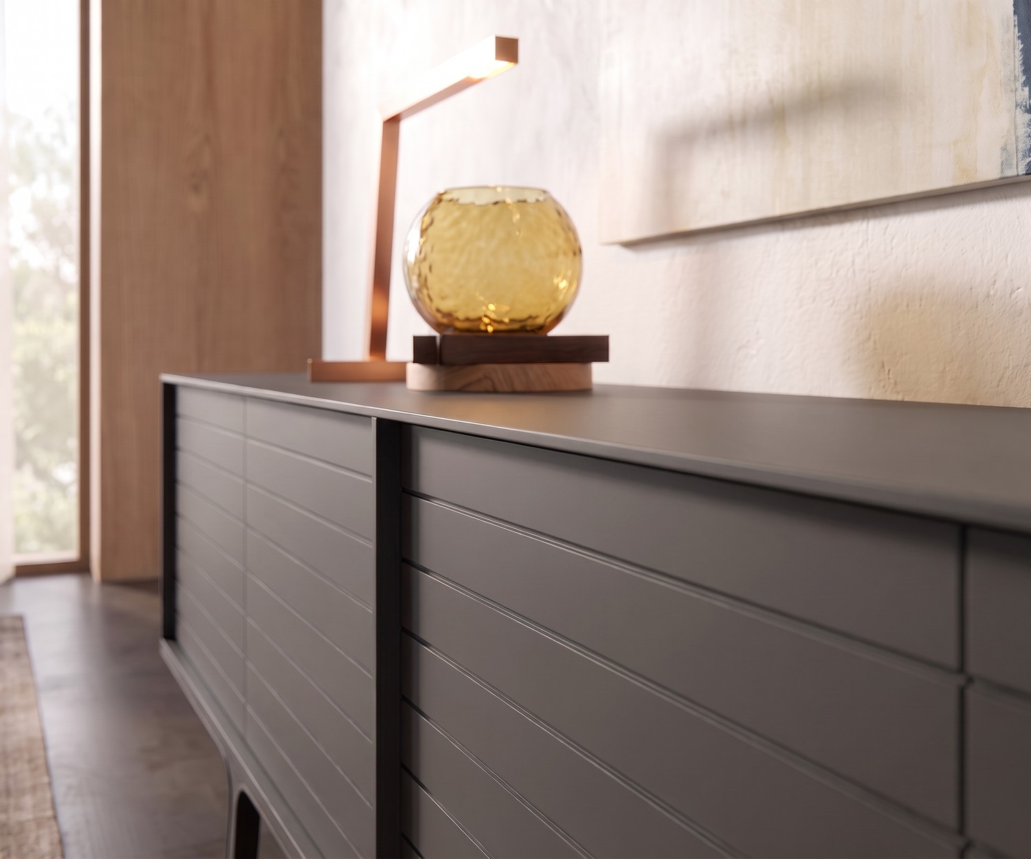 al2 Mobius 002 Designer Sideboard in Matte Finish al2 Mobius 002 designer sideboard in matte grey with grooved front, styled with a table lamp in a modern living room