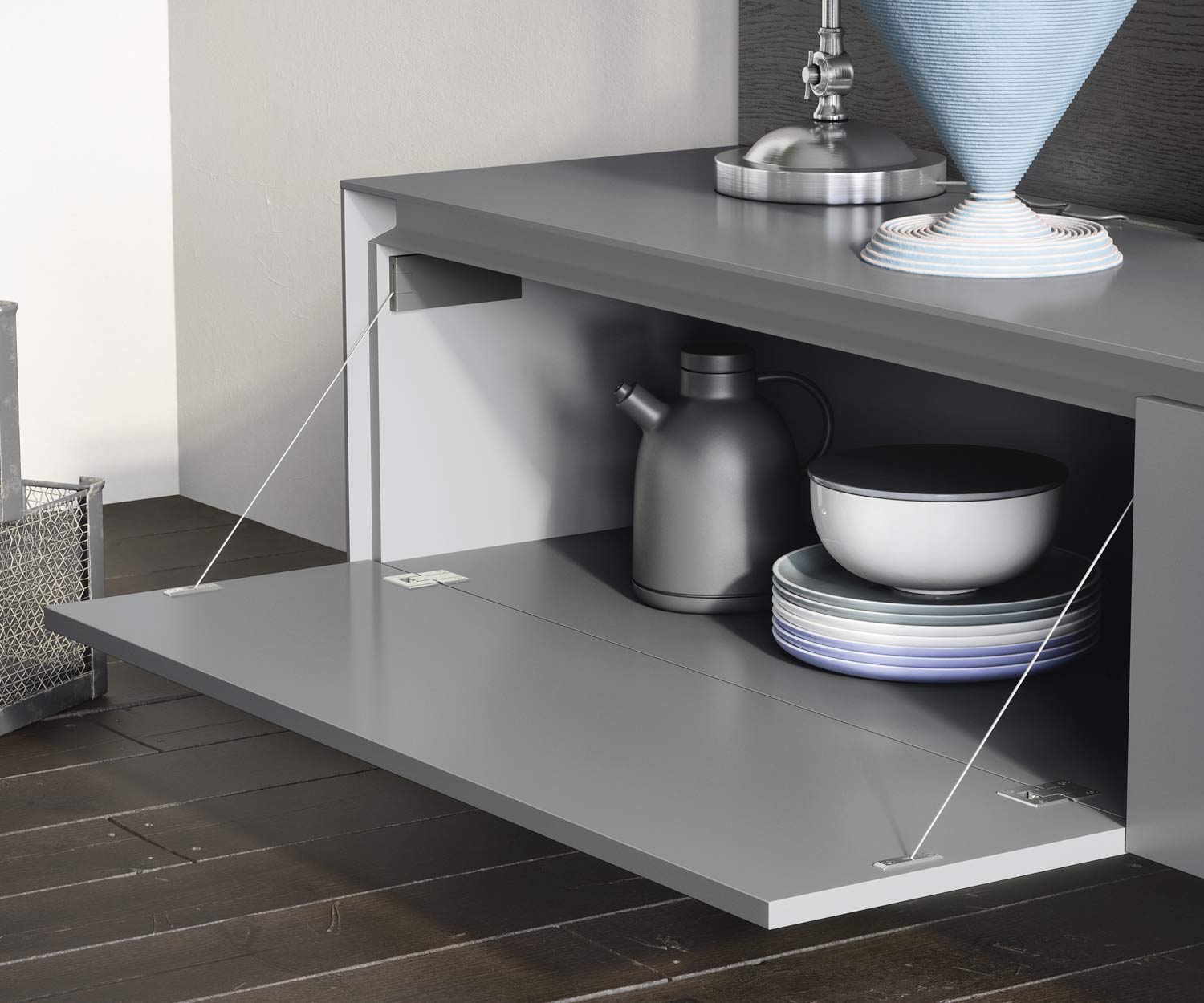 Reverse design light grey matt hinged door open Reverse design light grey matt hinged door open