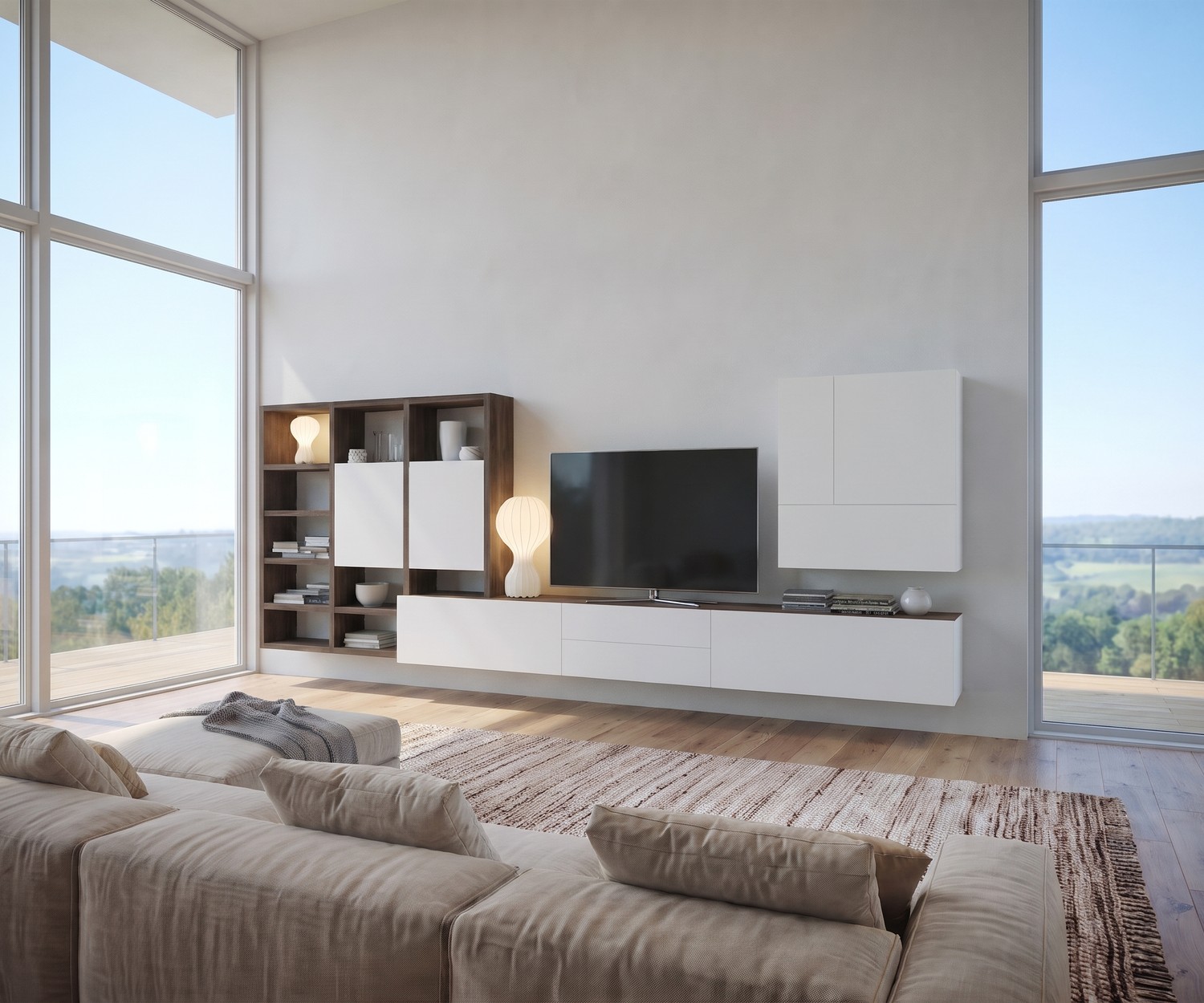 Livitalia Wohnwand C96B in Weiß Matt & Eiche Braun Livitalia Wohnwand C96B als moderne TV-Möbel Kombination in Weiß Matt und Eiche Braun für das Wohnzimmer.