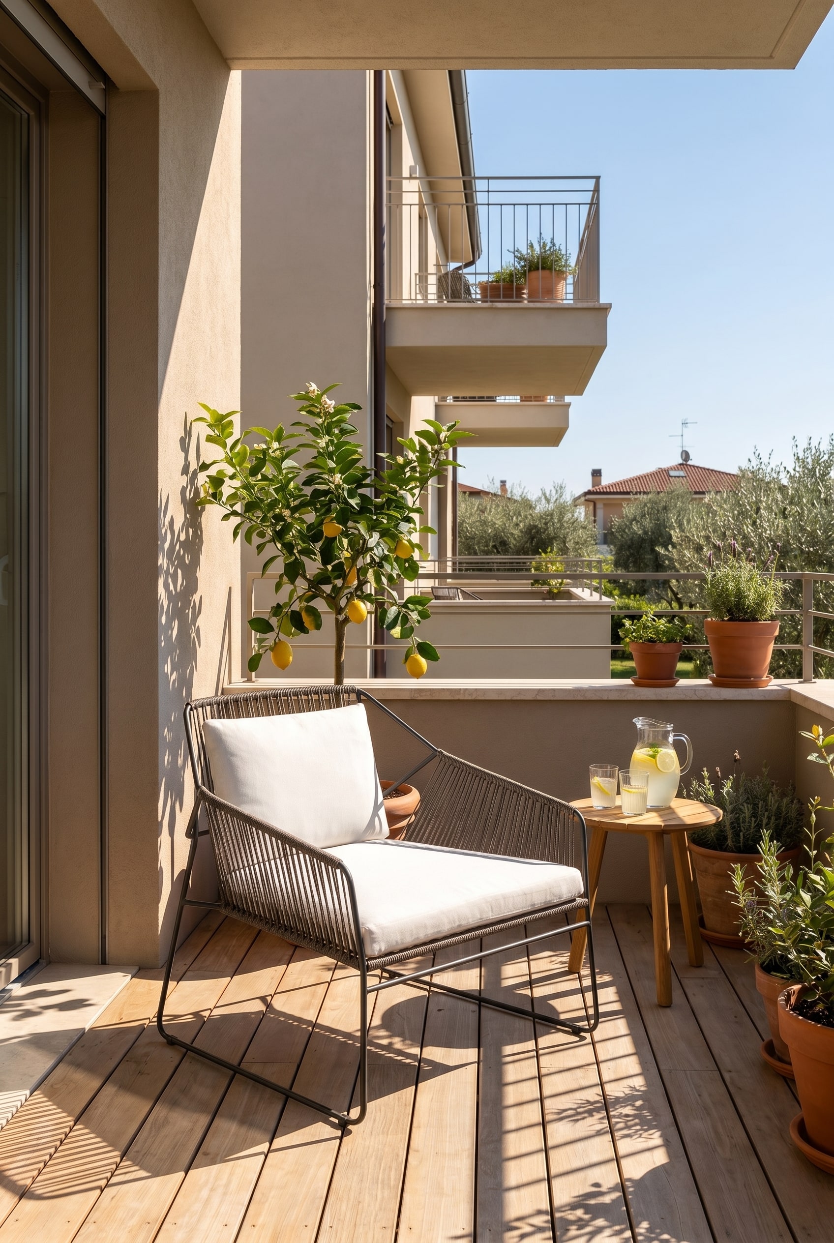 Balcone soleggiato con elegante poltrona in acciaio inossidabile e rivestimento in corda aperta color antracite