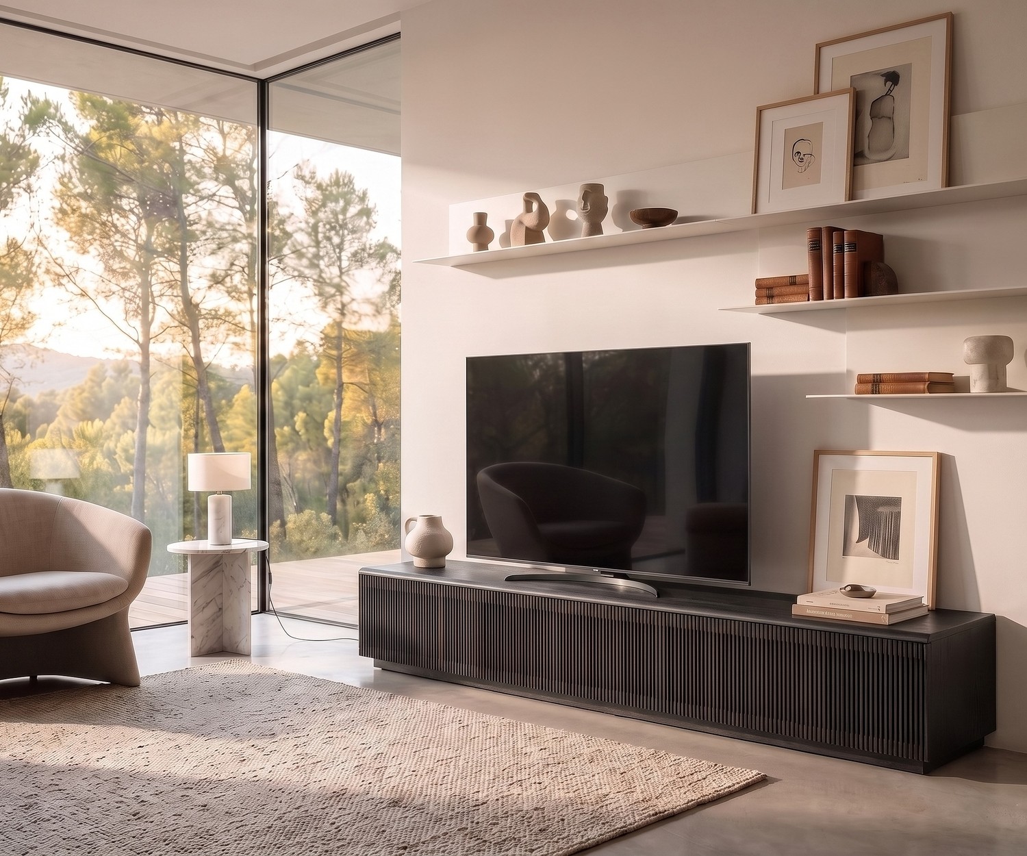 Punt Malmö TV lowboard in dark walnut with slatted front design, shown in a modern living room below a wall TV.
