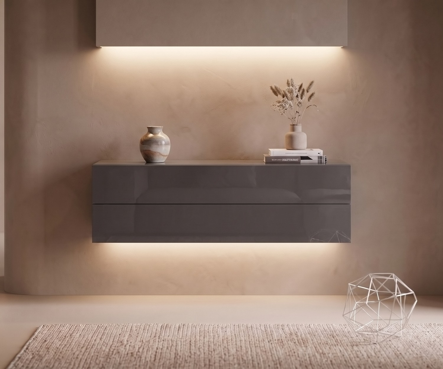 Novamobili Hängekommode Easy im Wohnzimmer. Schwebendes Sideboard in Quarz Grau mit LED-Beleuchtung im minimalistischen Stil.