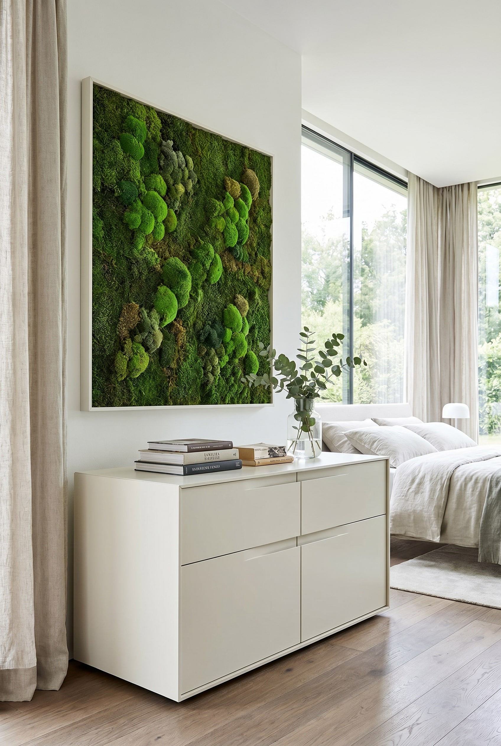 Camera da letto minimalista con cassettiera monolitica senza maniglie in bianco crema, sopra un quadro di muschio e una pila di libri