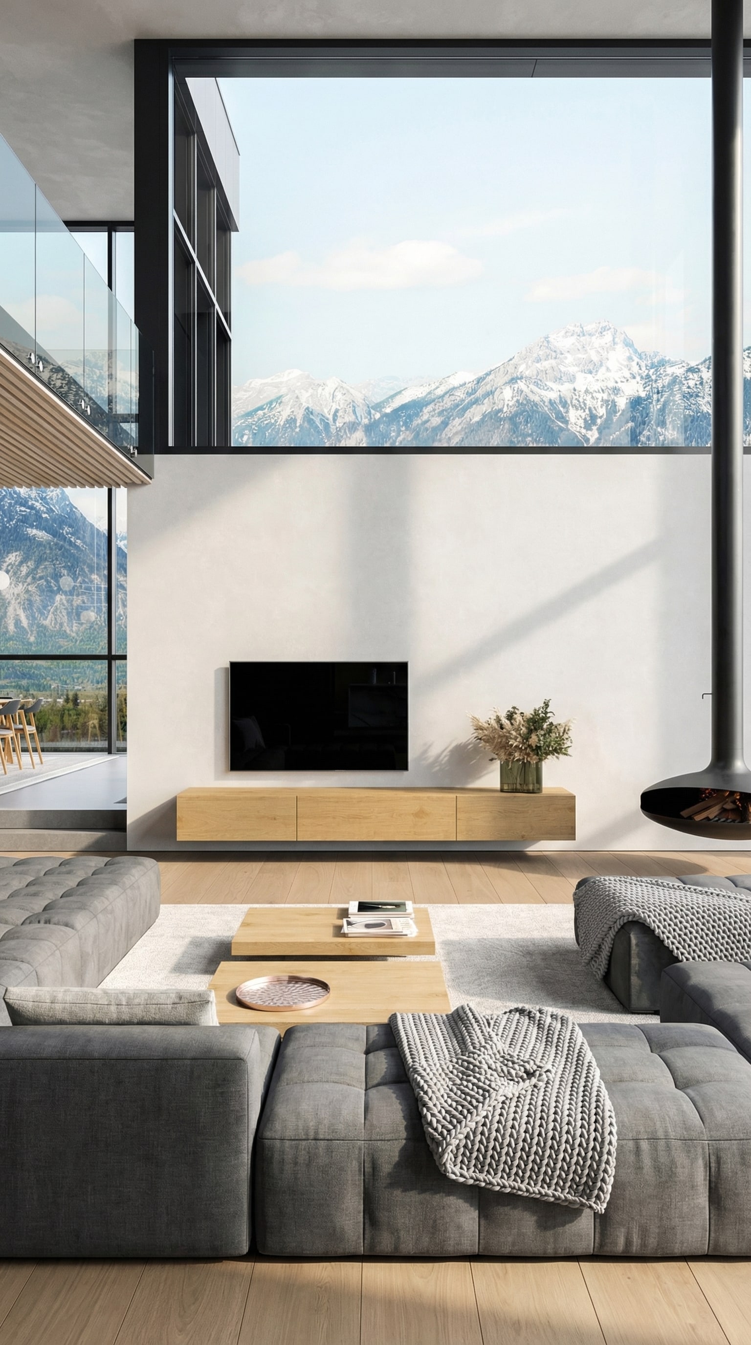 A floating lowboard made of warm oak wood in a modern room A floating lowboard made of warm oak wood in a modern room