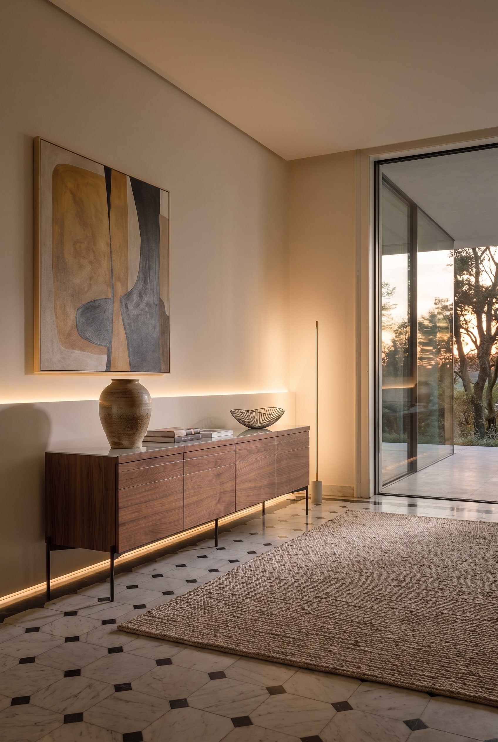 Modern wooden sideboard in the hallway with indirect wall lighting, a large abstract painting, and light floor tiles.