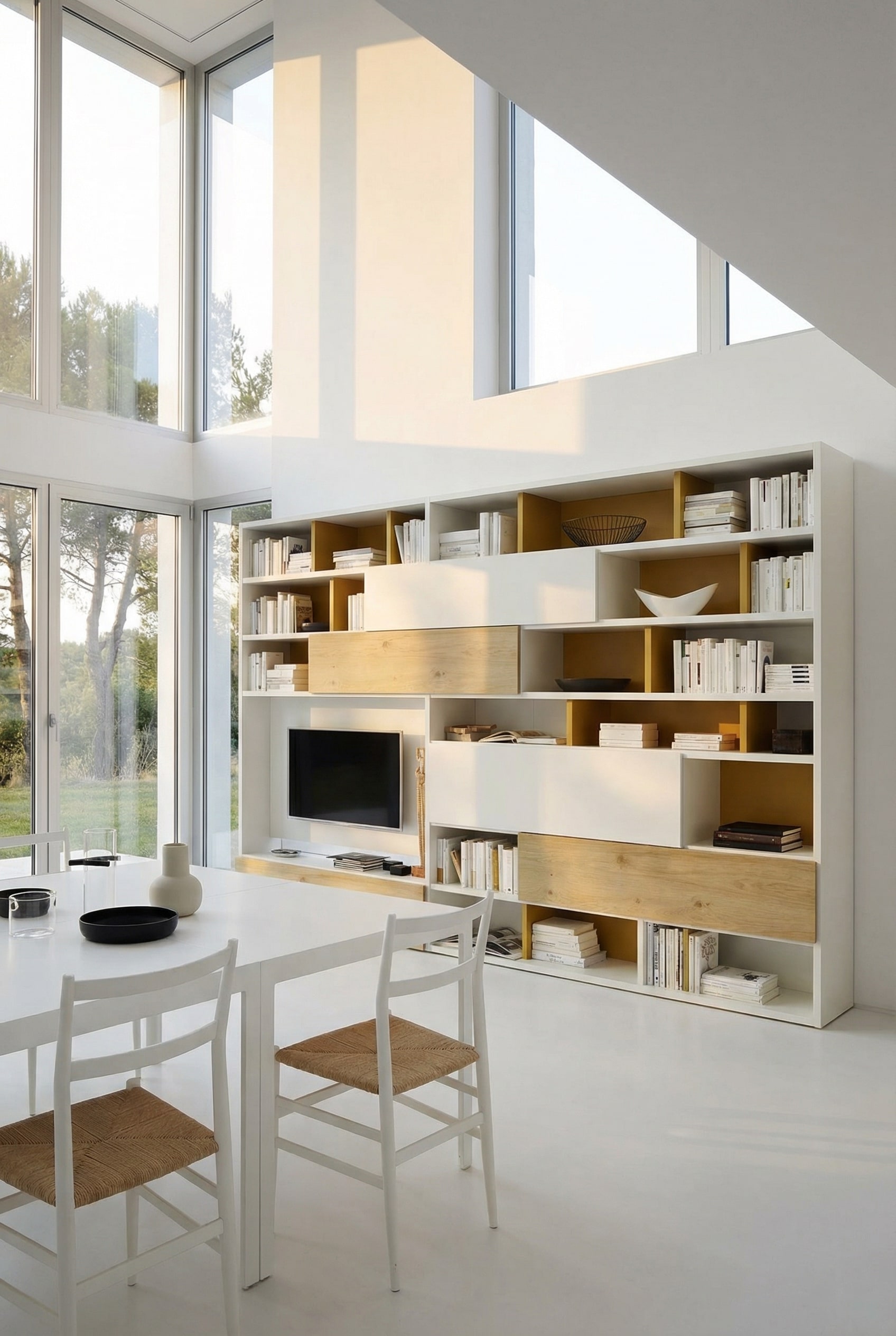 Salon moderne avec &eacute;tag&egrave;re asym&eacute;trique Livitalia C51, d&eacute;cor&eacute;e de livres horizontaux et d'&oelig;uvres d'art.