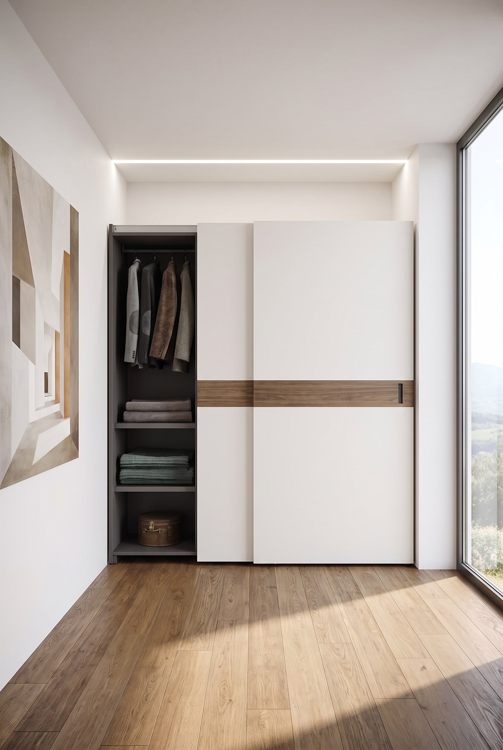 Corridoio con una parete armadio con ante scorrevoli sospese in bianco opaco, maniglia a gola nascosta e parquet in rovere continuo