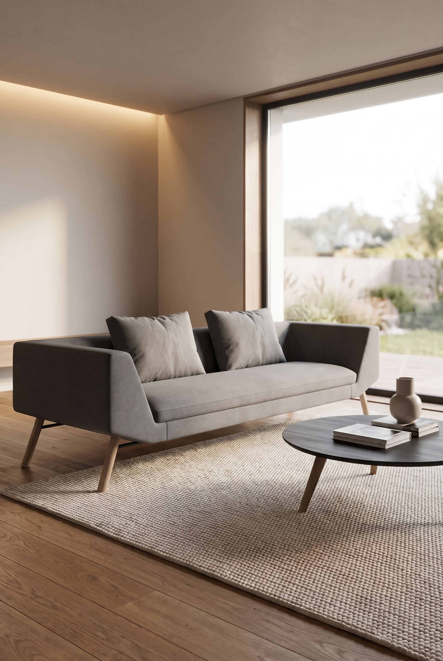 Een woonkamer met de elegante Prostoria Sofa Combine, waarvan de voorpoten gelijkmatig op een licht tapijt zijn gepositioneerd, terwijl de achterpoten op de houten vloer staan.