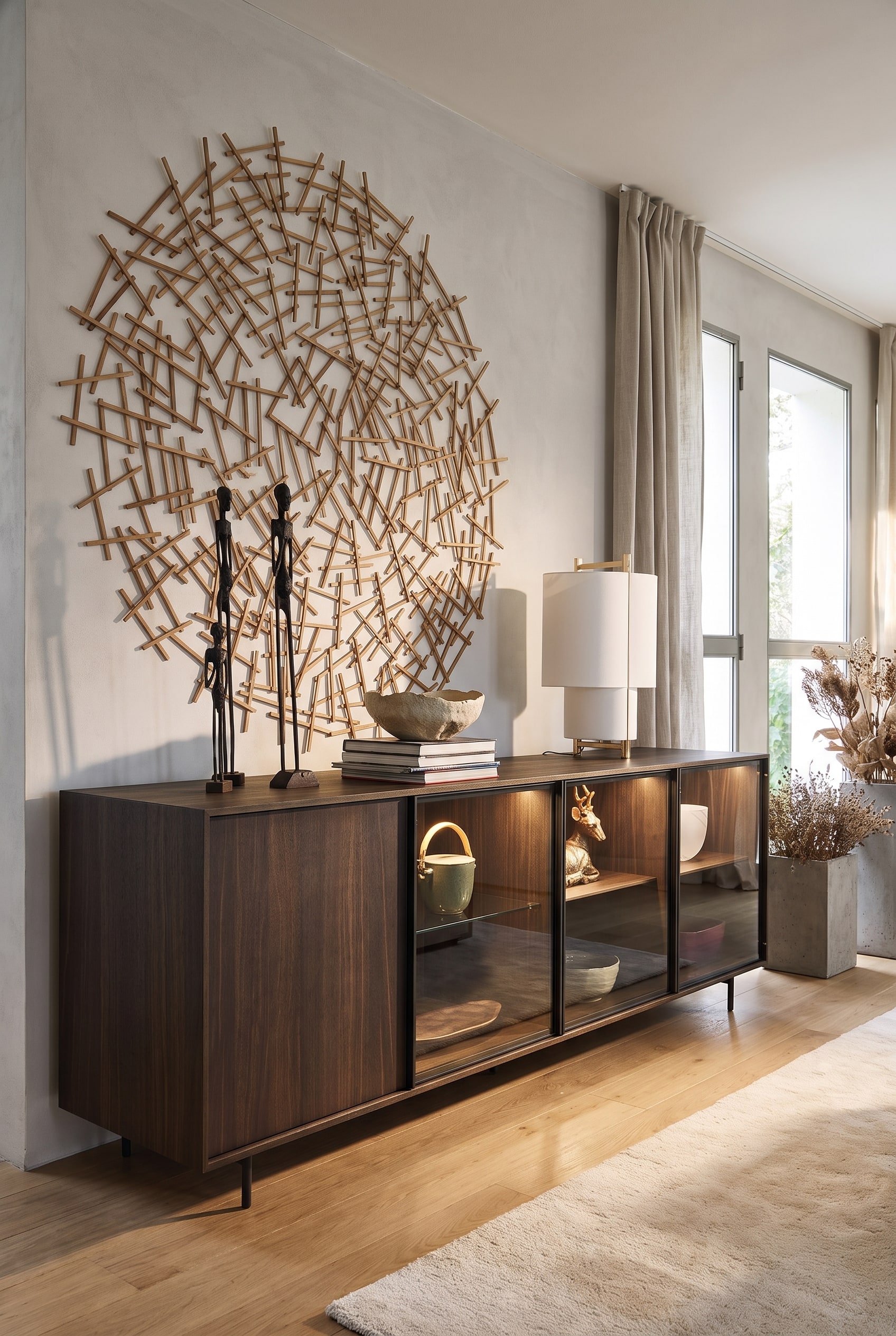 Modern glass sideboard, on which large coffee table books serve as a pedestal for a sculpture.