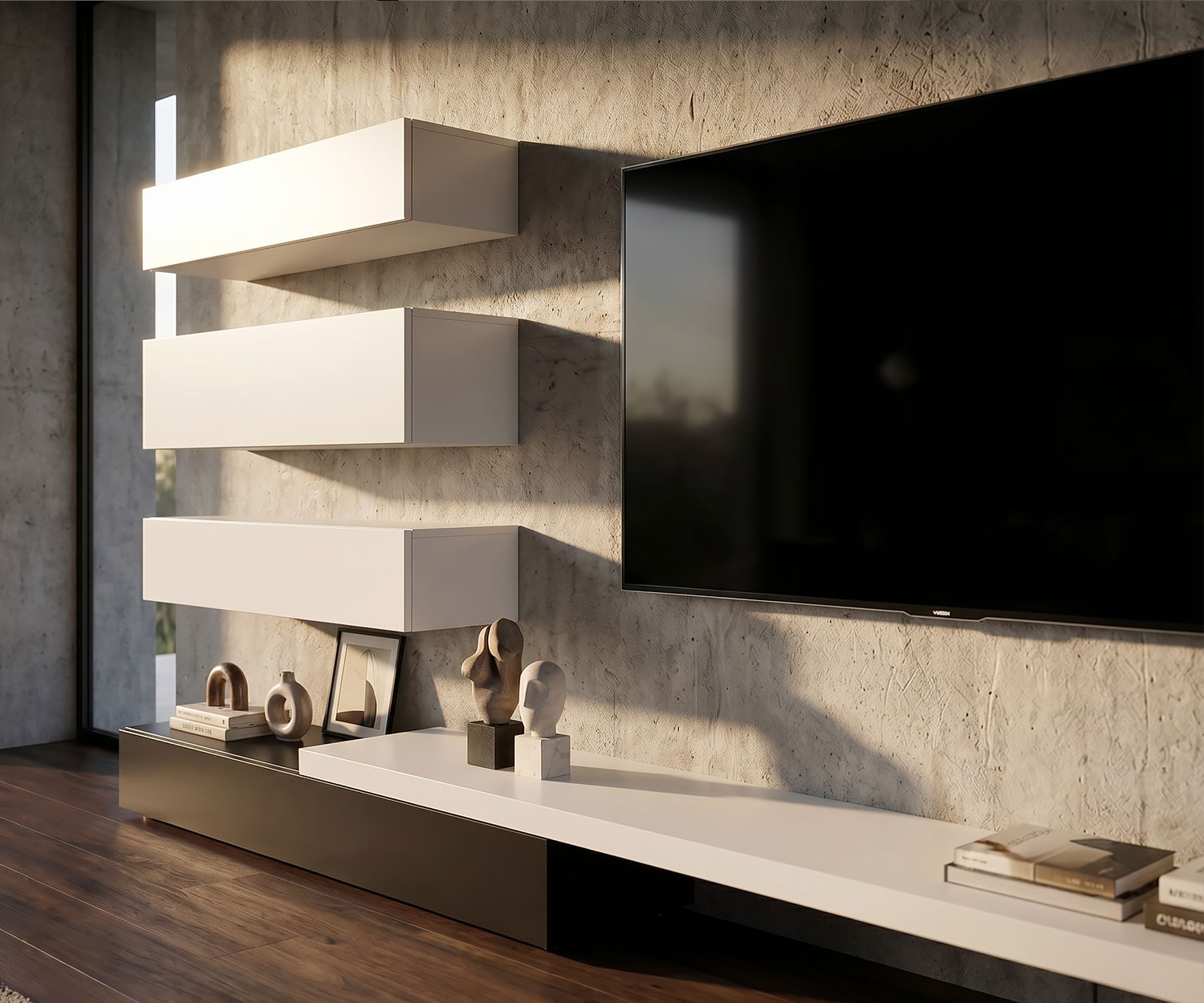 Elegant gebruik van het wandmeubel met decoratie en verborgen opbergruimte