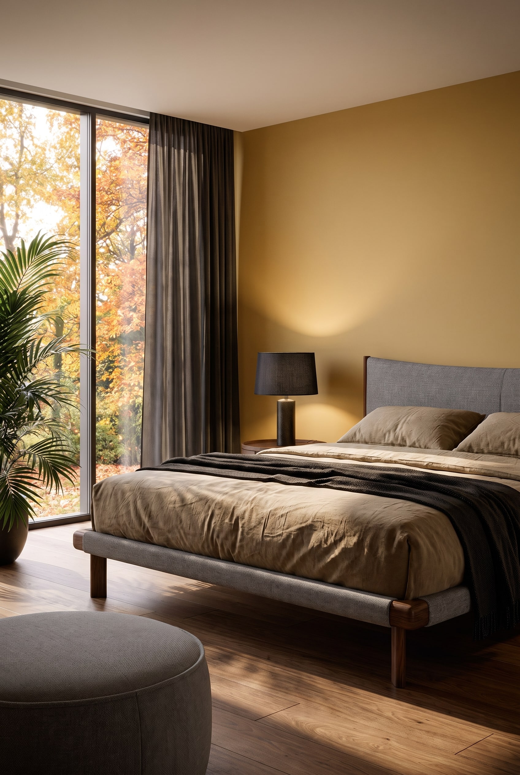 Moderne slaapkamer met minimalistisch houten bed en mat okergele accentmuur