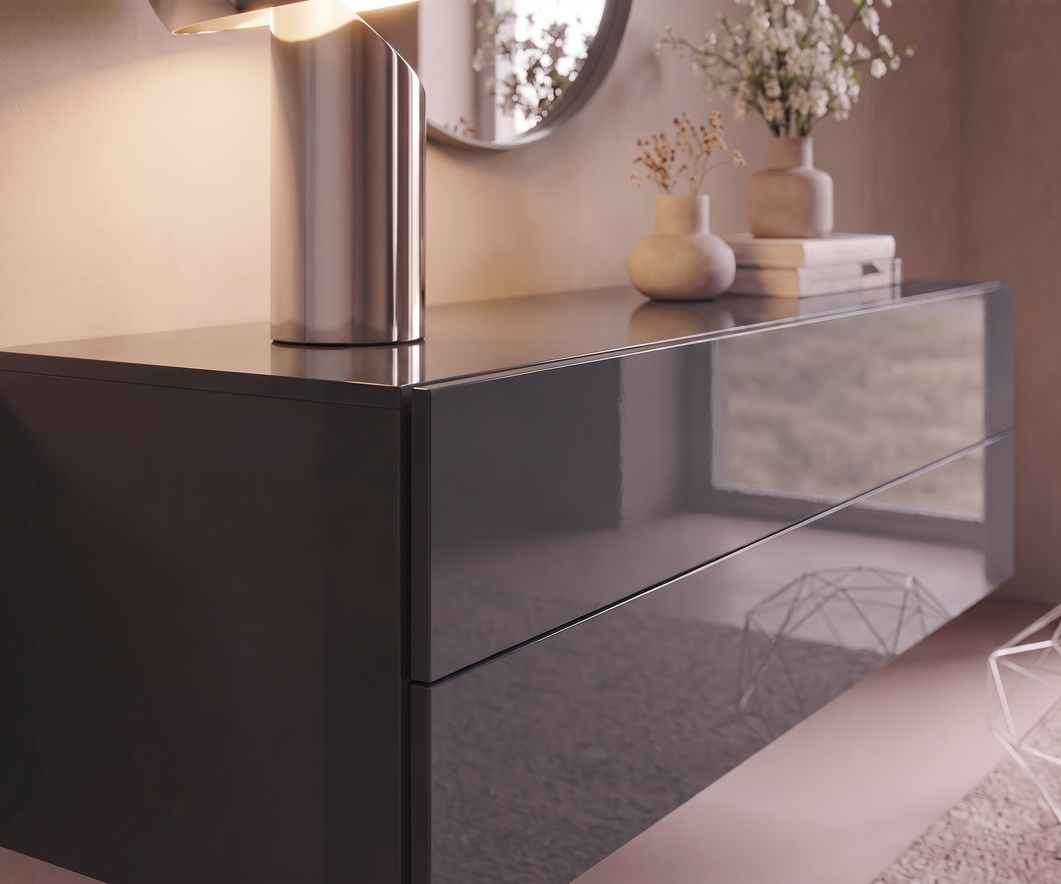 Hängekommode Novamobili Easy für stilvollen Stauraum im Flur, in elegantem Quarz Hochglanz, moderner Minimalismus.