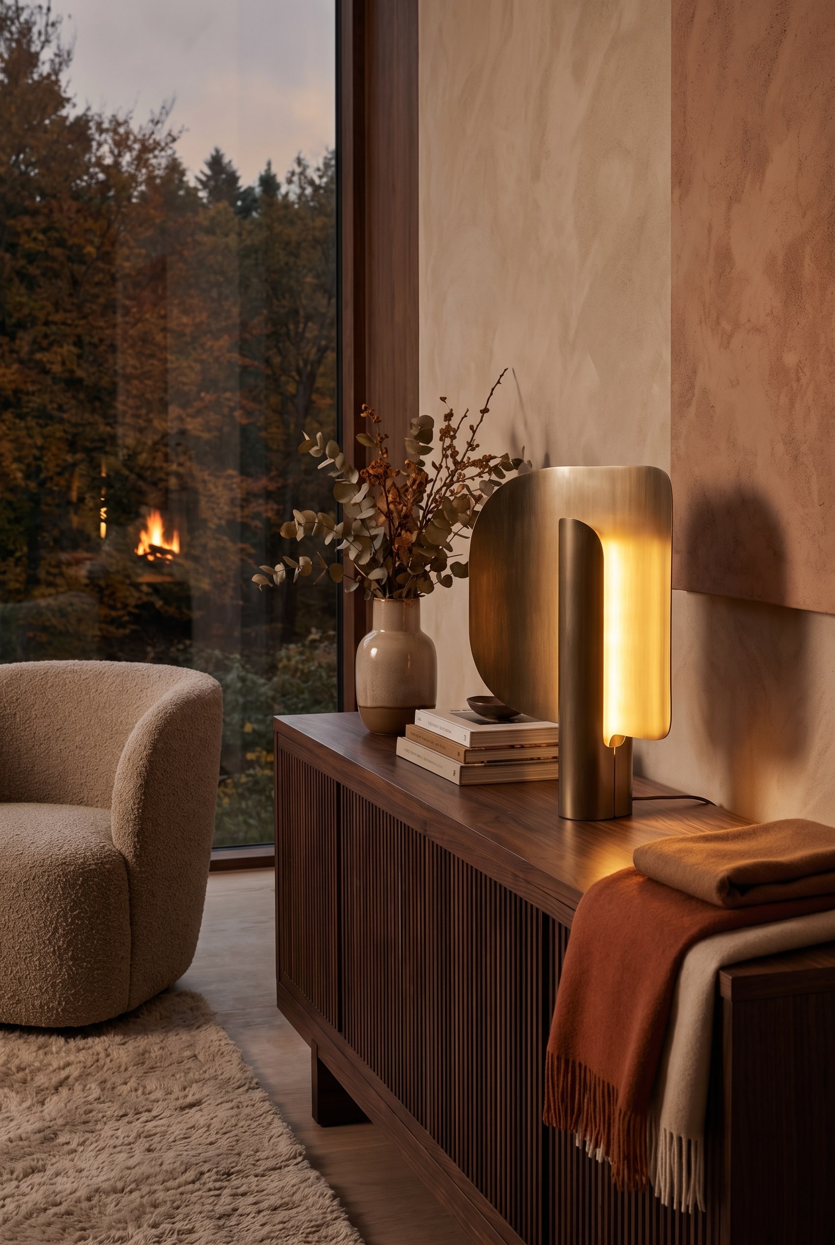 Tischleuchte mit goldenem Reflexionslicht auf einem dunklen Holz-Sideboard