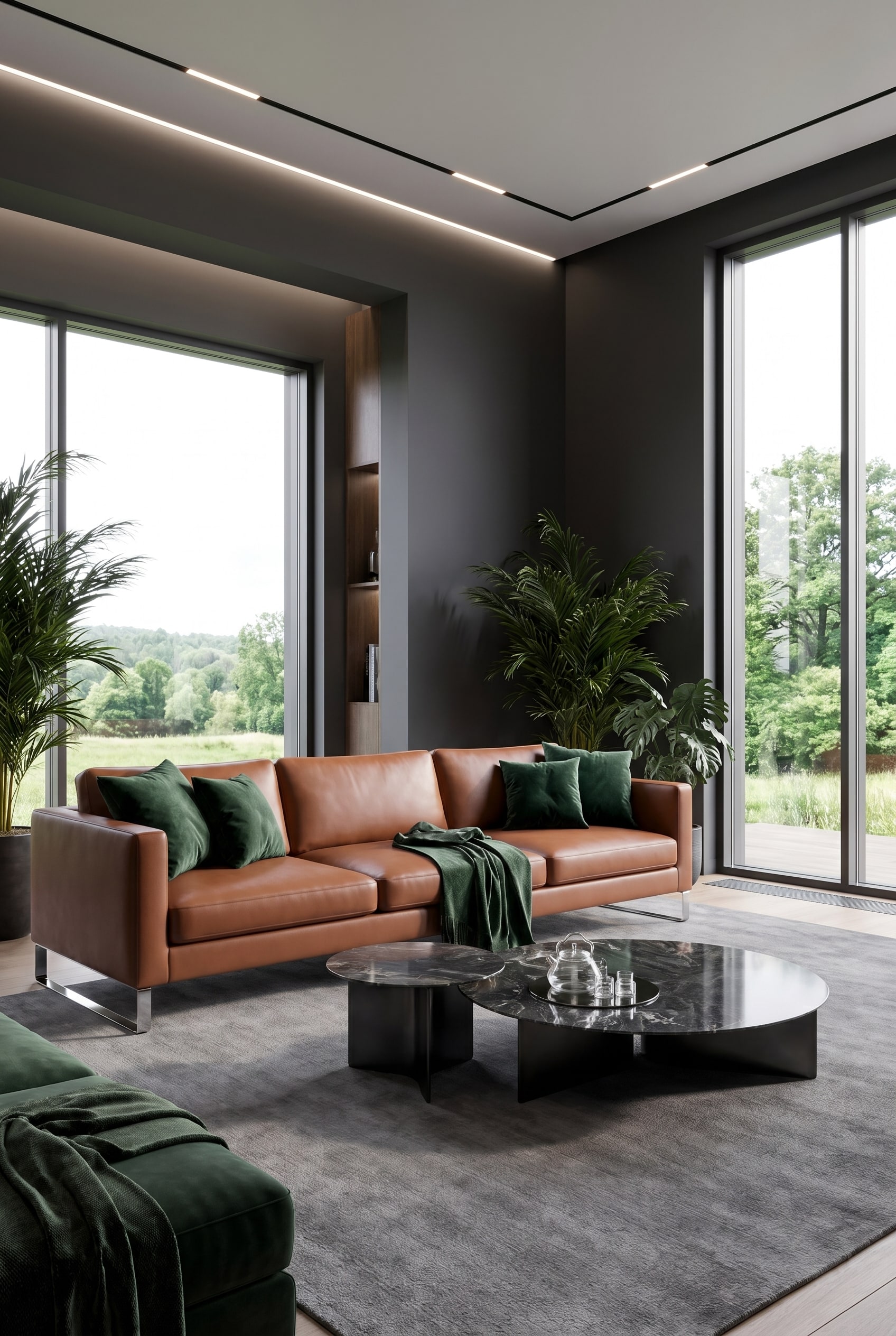 Soggiorno moderno con finestre a tutta altezza, un elegante divano in vera pelle color cognac, pareti chiare e una grande pianta d'appartamento verde scuro