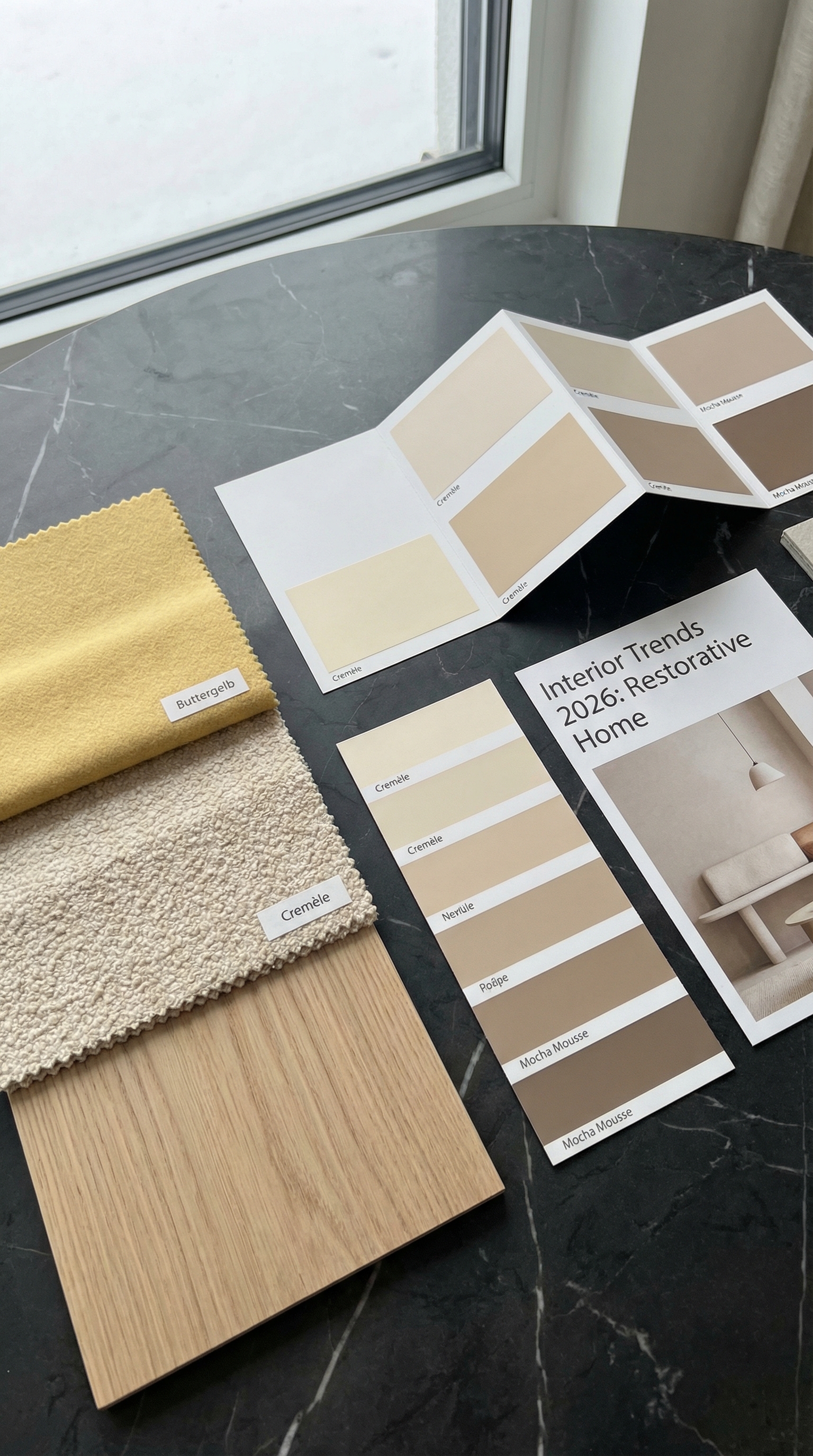 Moodboard mit Stoffmustern in Buttergelb, Boucle und hellem Holz