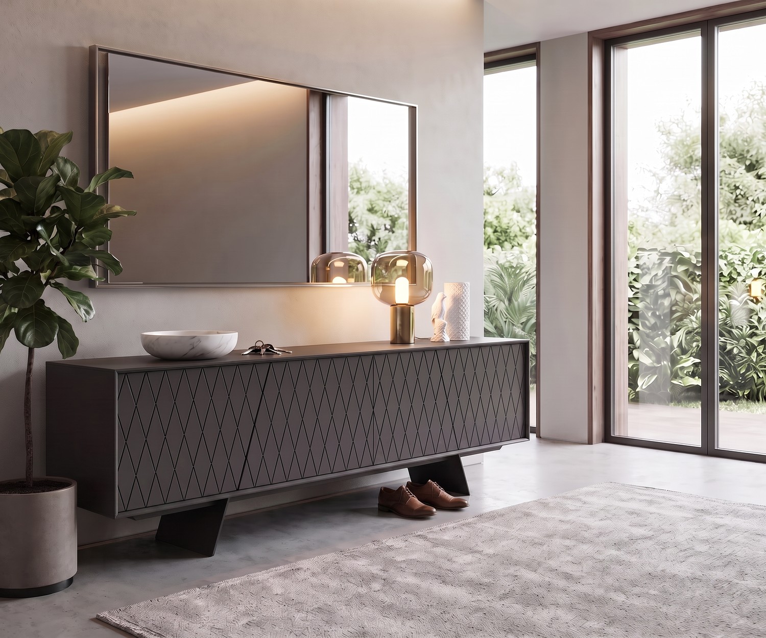 al2 e-klipse 003 Design-Sideboard als Flurkommode in Dunkelgrau mit Rautenmuster im modernen, eleganten Eingangsbereich.
