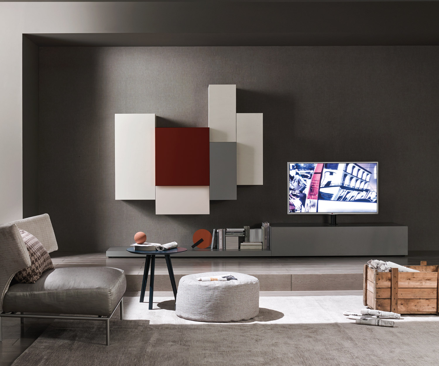 Exklusive Livitalia Design Wohnwand C49 mit TV Säulen Halterung