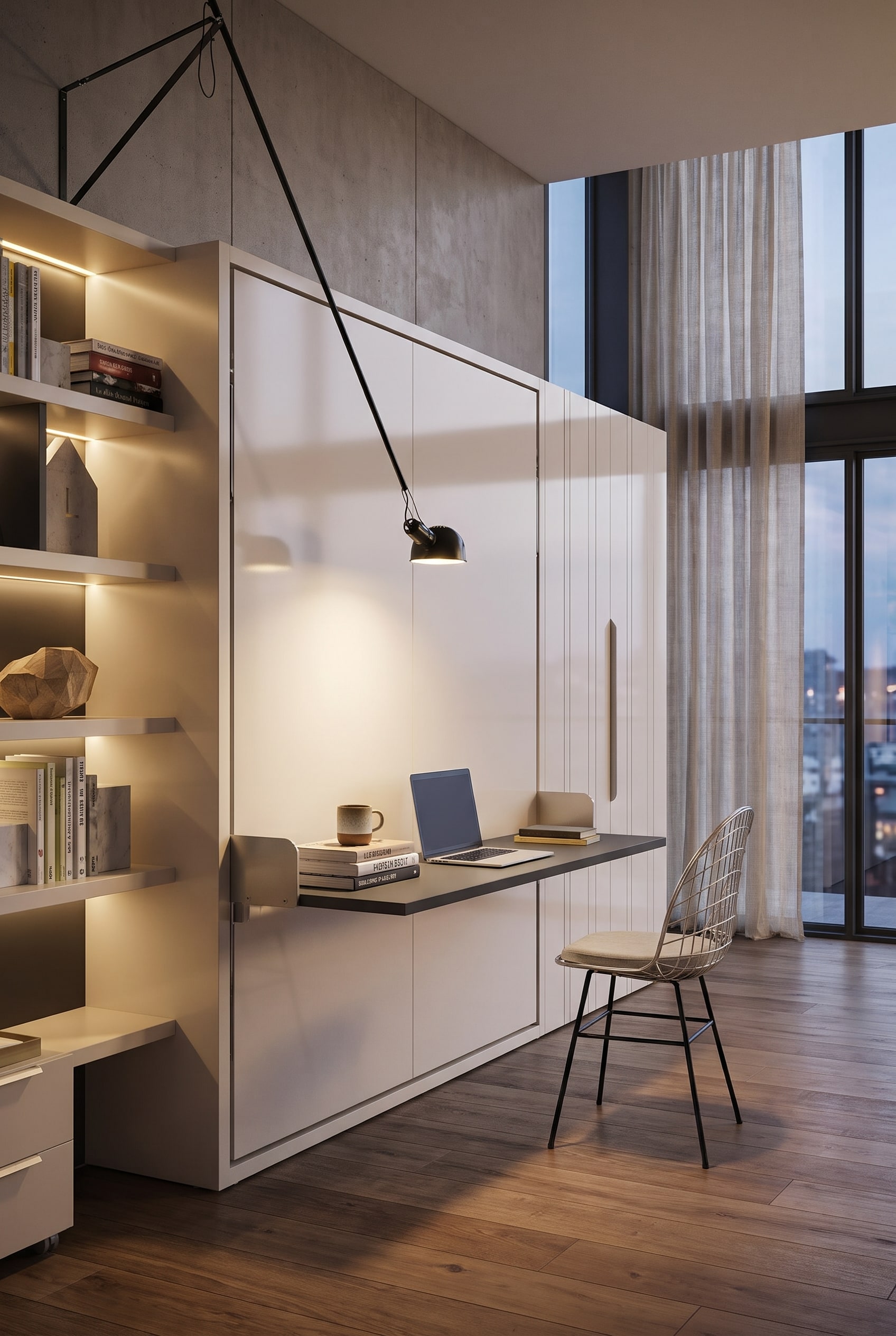 Aufgeräumtes Arbeitszimmer mit Wandbett, integrierter Schreibtischplatte, Bürostuhl und Tischleuchte Aufgeräumtes Arbeitszimmer mit Wandbett, integrierter Schreibtischplatte, Bürostuhl und Tischleuchte