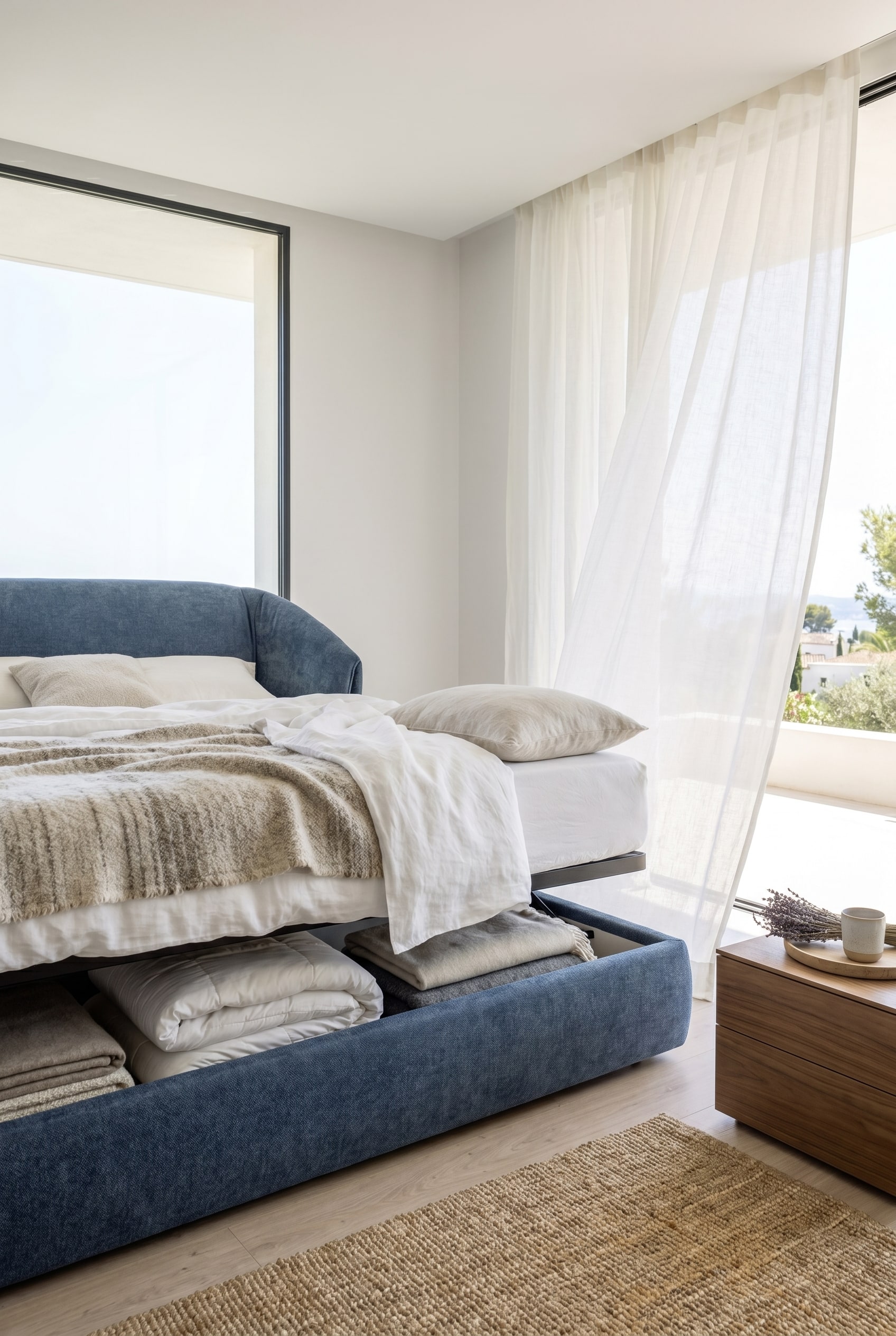 Comfortabel gestoffeerd bed met weelderig hoofdbord in een lichte, rustige kamer