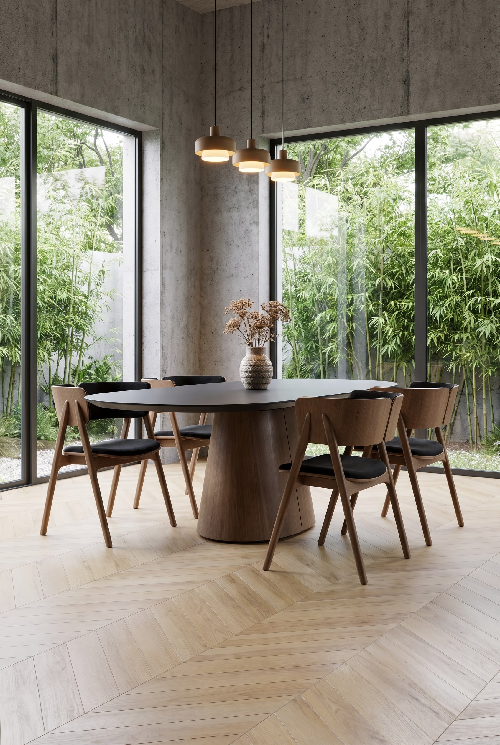 Modern dining room with concrete cellar look, oval wooden table with dark top and chairs