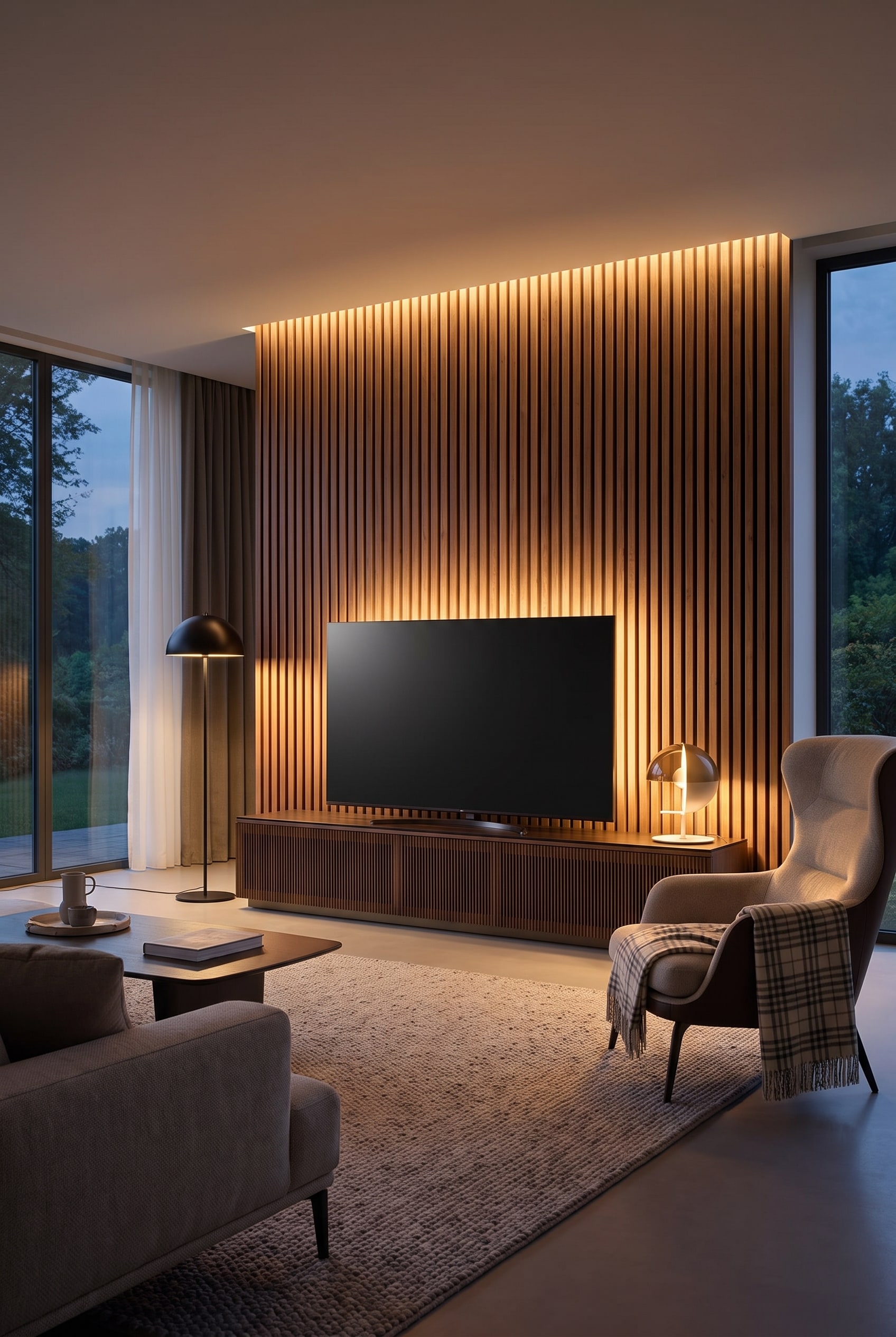 Harmonieuze woonkamerinrichting met de Livitalia woonwand C102 en een indirect verlichte TV-achterwand, die zacht warmwit licht uitstraalt.