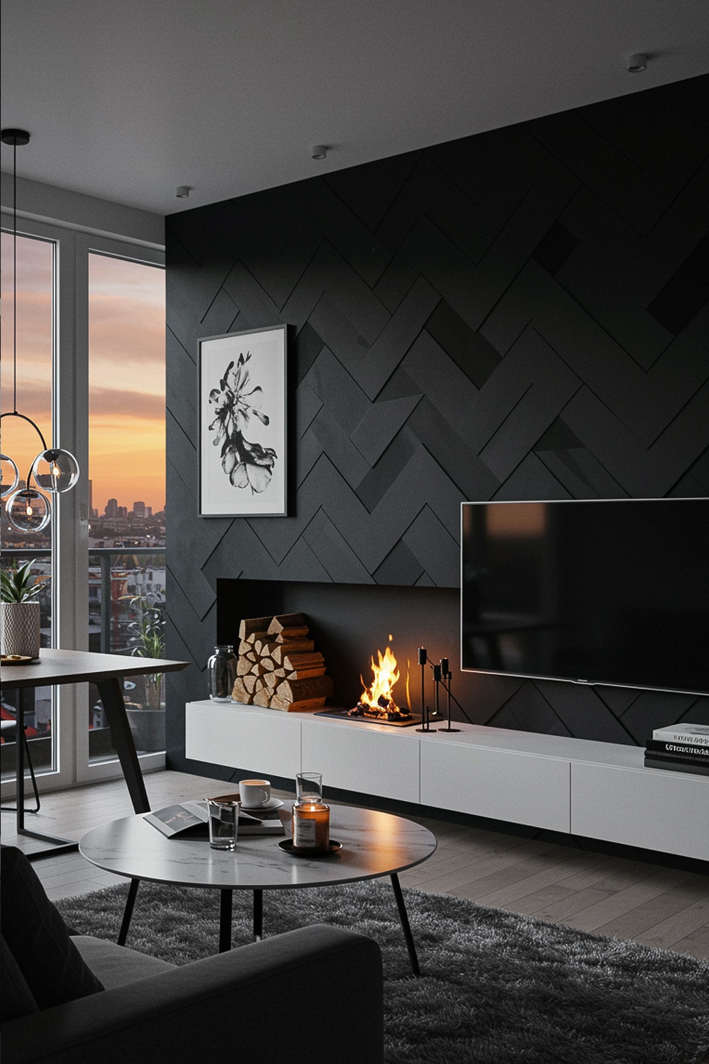 dunkelgraues-fischgraet-wandpaneel-mit-schwarz-weissem-bild-fuer-zweifache-deko