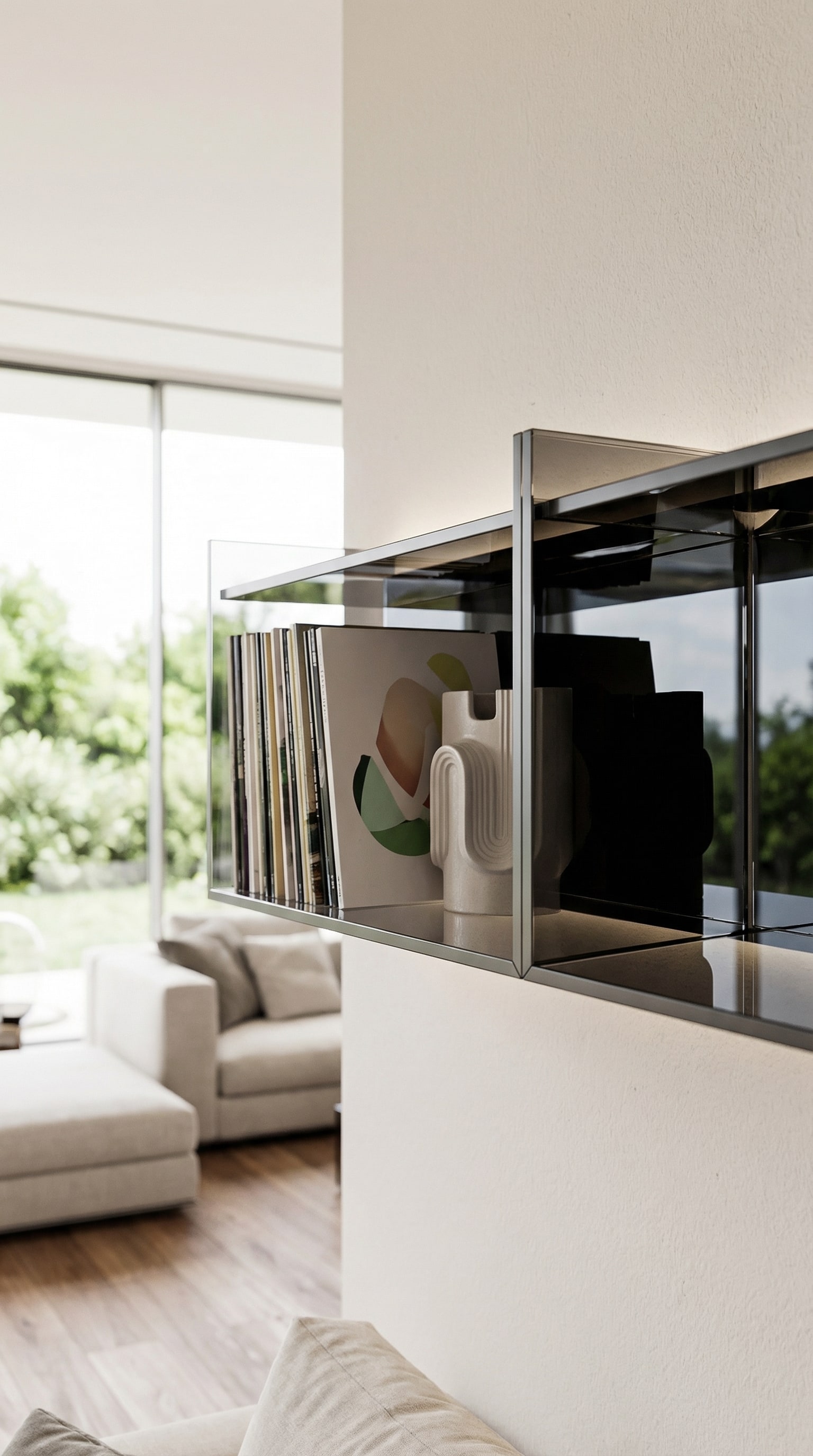 Elegant glass wall shelf in a sun-drenched living room Elegant glass wall shelf in a sun-drenched living room