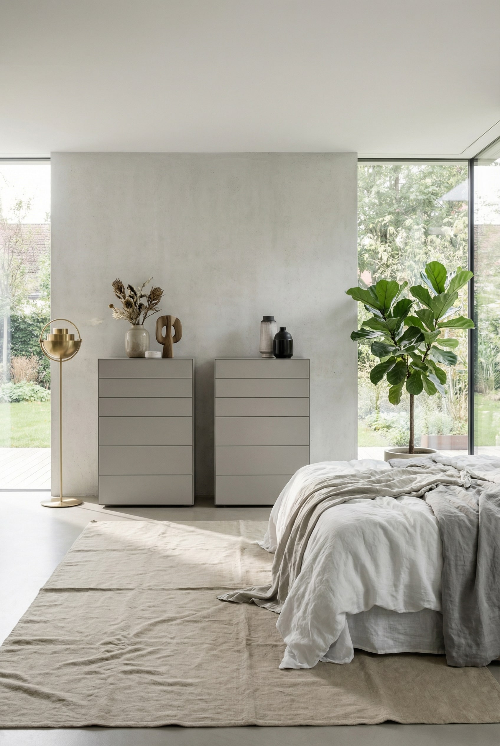 Two modern tall chests of drawers symmetrically arranged with some space between them on a wall to lighten up the room