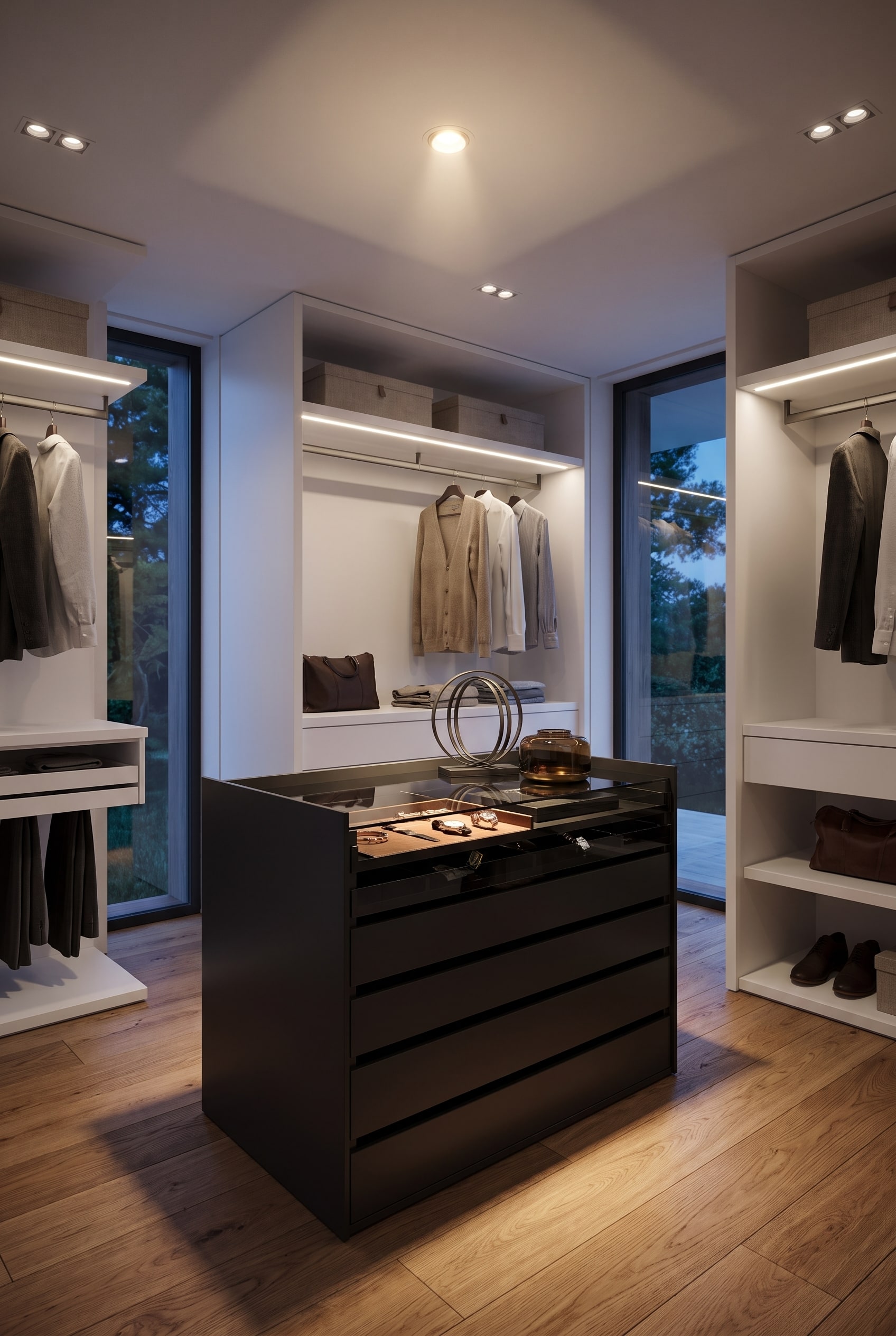 Matte black freestanding wardrobe island in a bright, modern dressing room with wooden flooring.